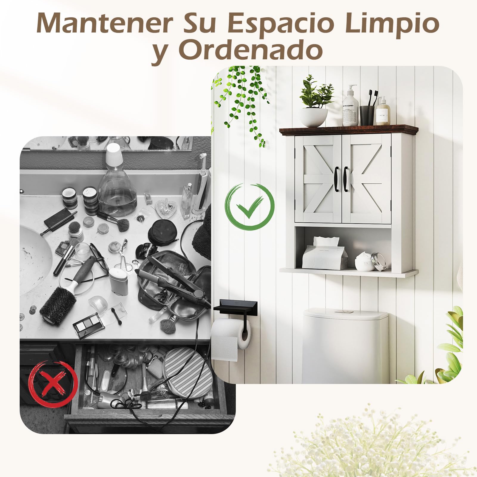 COSTWAY Botiquín con Puertas, Armario de Pared para Baño Estilo Rústico con Estante Ajustable y Compartimento Abierto, Organizador de Pared para Sala, Cocina, Entrada (Blanco)