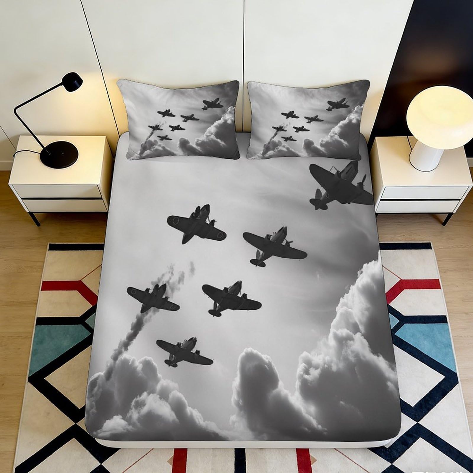 3D Printed Fighter Jet Cloud Fitted Sheet Microfiber Soft Breathable Airplane Bed Cover for Bedroom Dorm Decor 90x200x25cm