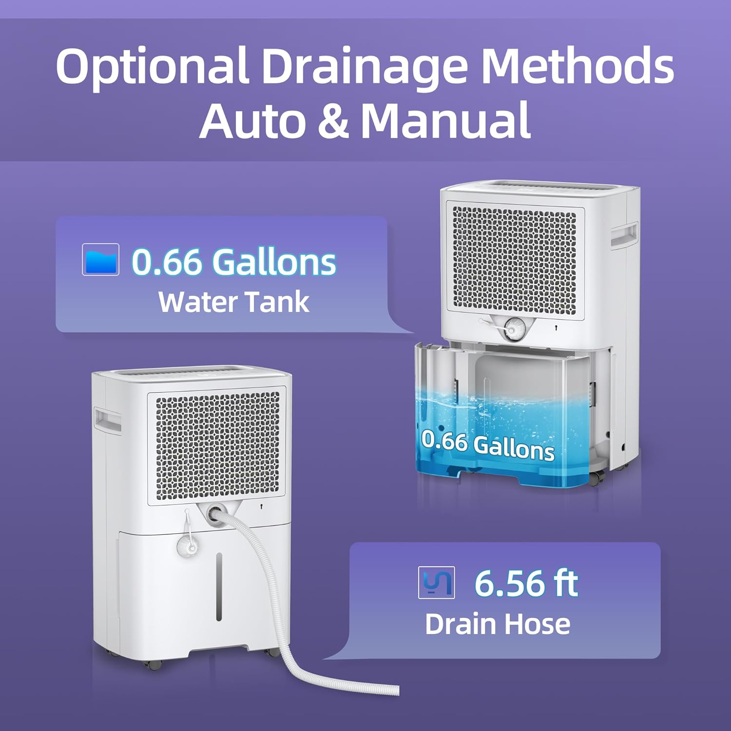 Diagram showing both manual water tank drainage and continuous drain hose setup