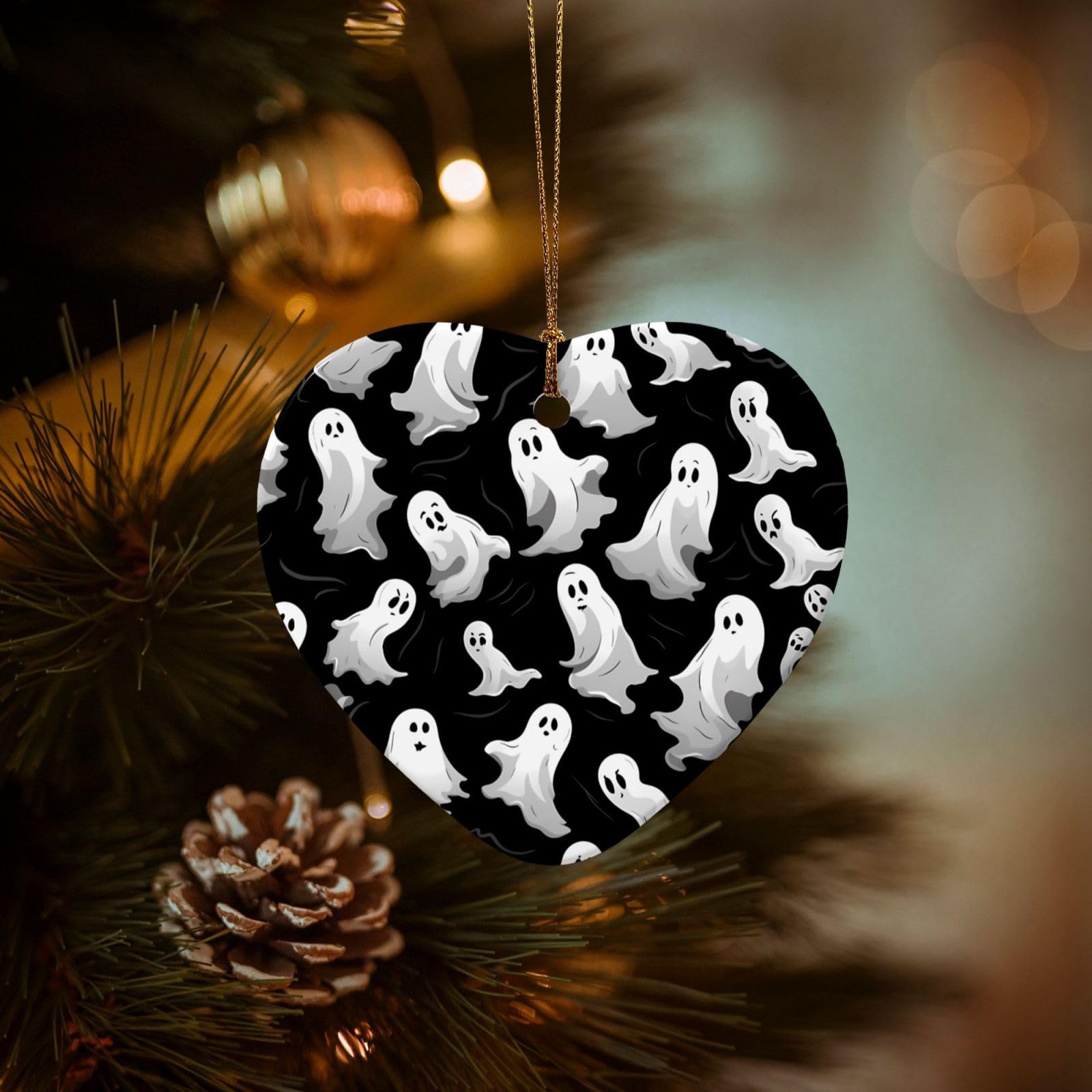 Christmas Ornaments for Christmas Tree Decoration Hanging Halloween Goth Ornament with Gold Ribbon Crafts Heart Shape Ceramic Pendant for Keepsake Gifts Xmas Decor Party Supplies