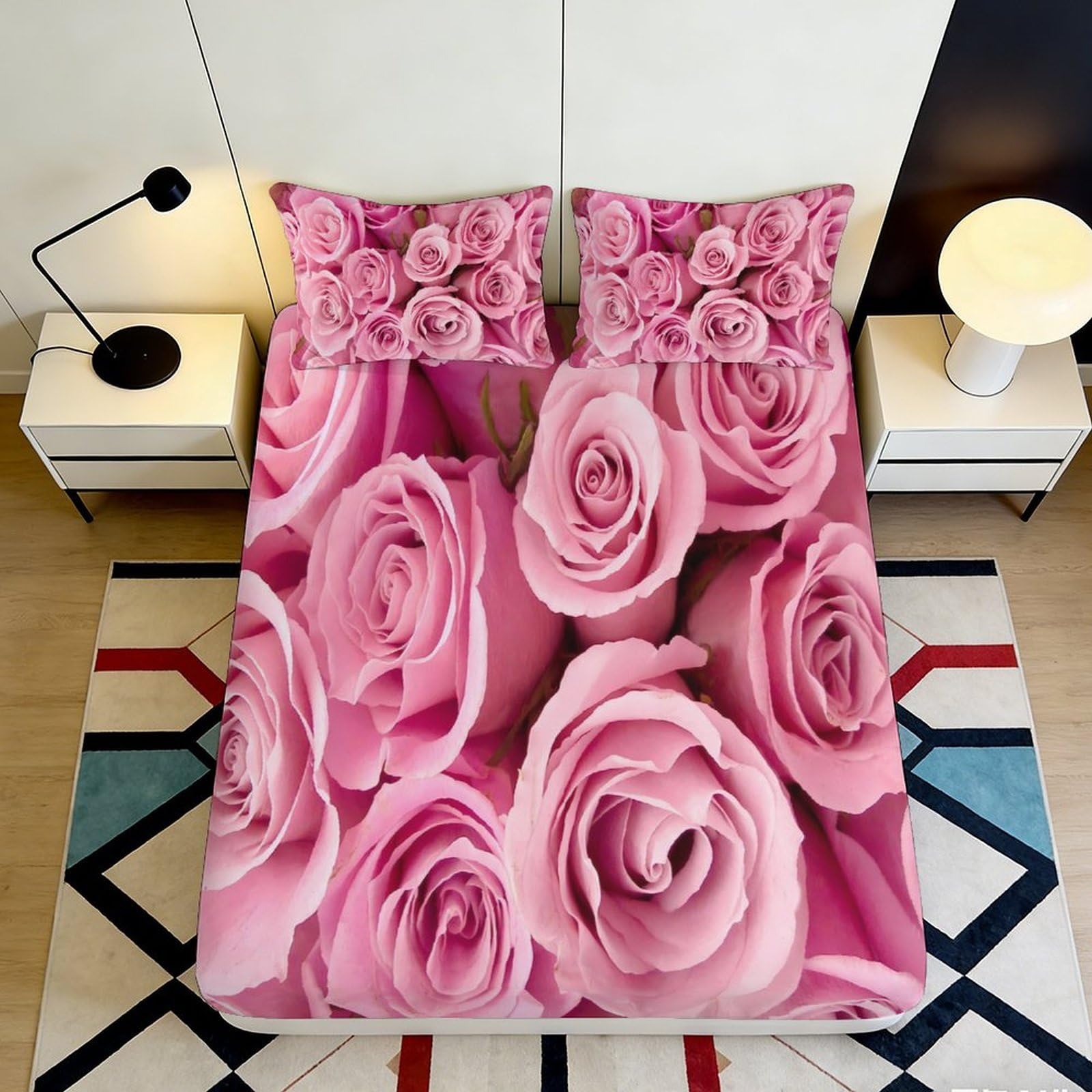 3D Printed Pink Rose Blossom Fitted Sheet Microfiber Soft Floral Mattress Cover for Bedroom Guest Room Decor 120x200cm 140x200x25cm