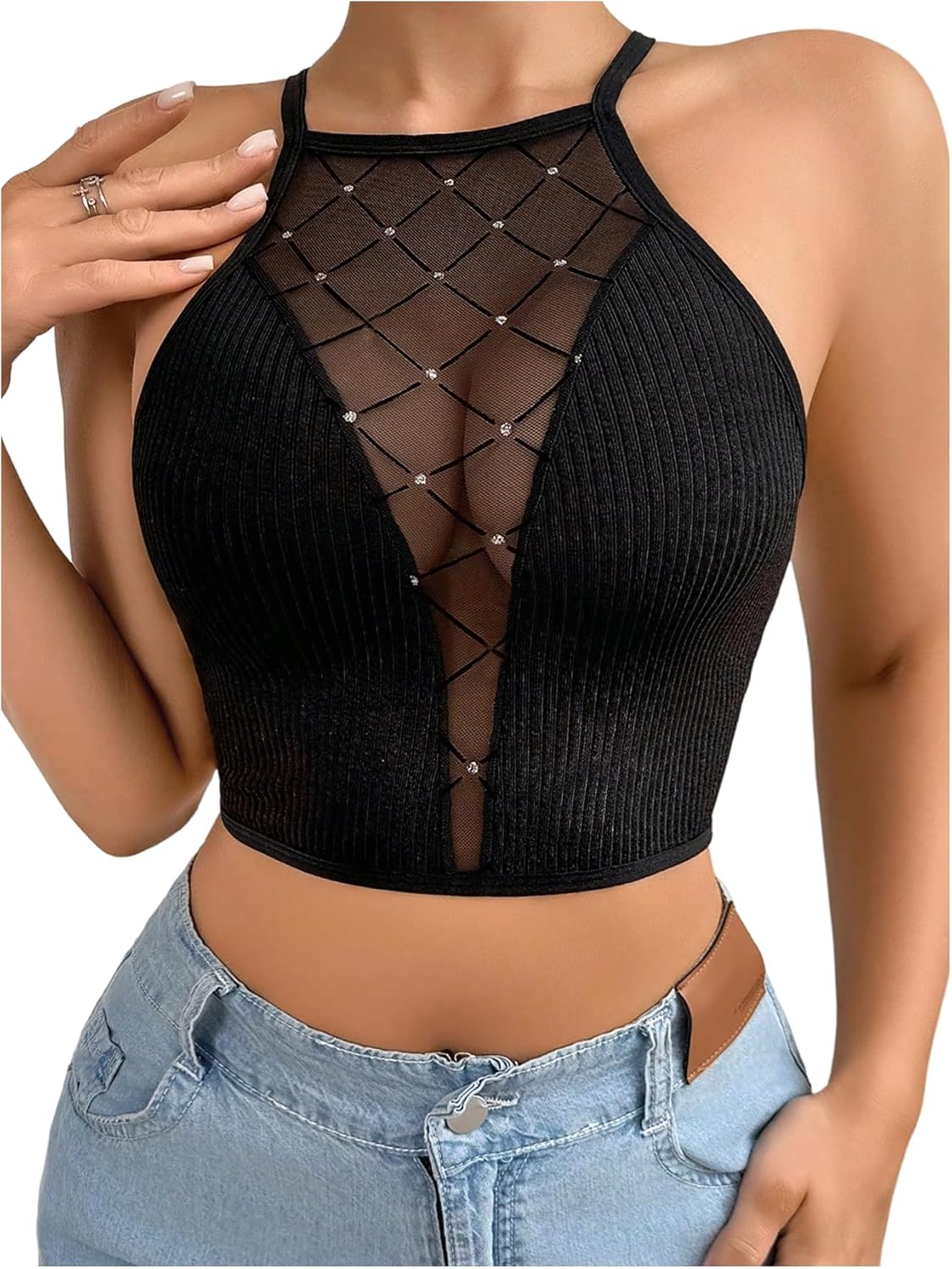 SOLY HUX Bras for Women Mesh Rhinestone Wireless Bra Criss Cross Back Sheer Comfort Bralette