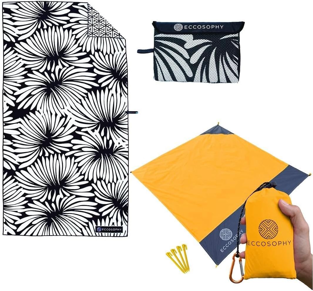 ECCOSOPHY Quick Dry Microfiber Towel and Waterproof Picnic Blanket Bundle