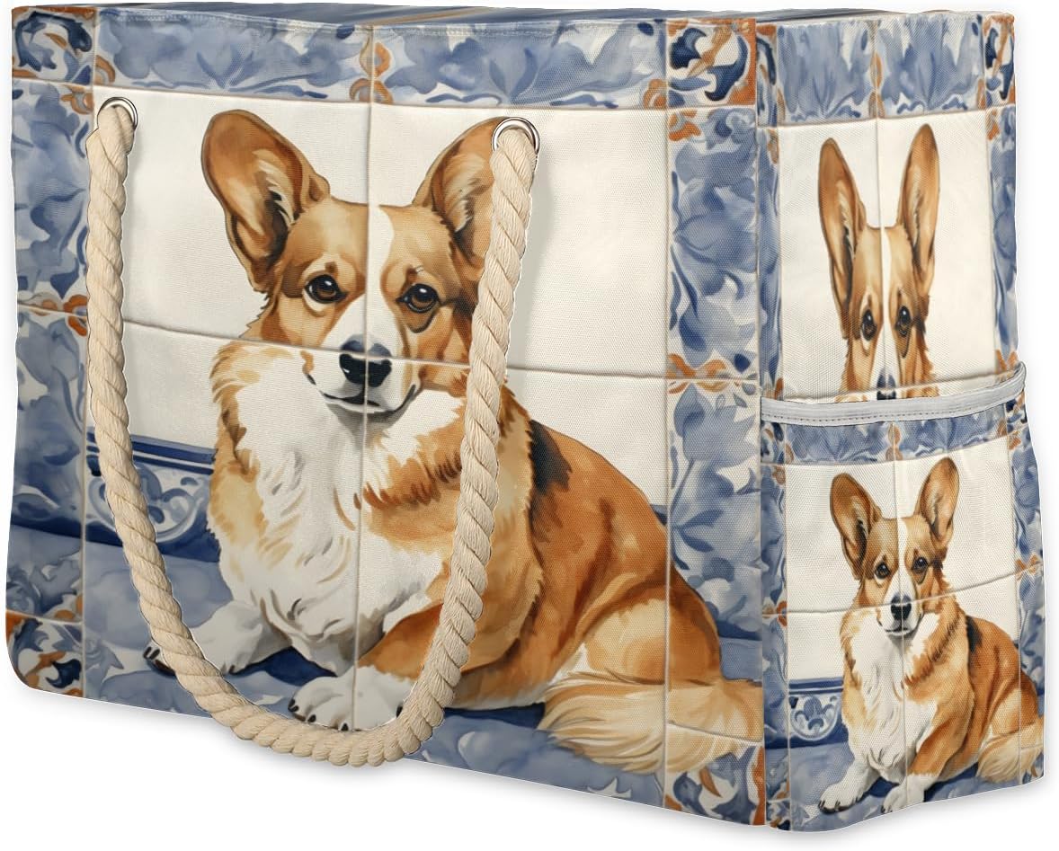 Florist Dog Beach Bag for Women Waterproof Sandproof Tote with Zipper Cotton Rope Handles for Travel Pool Gym Shopping