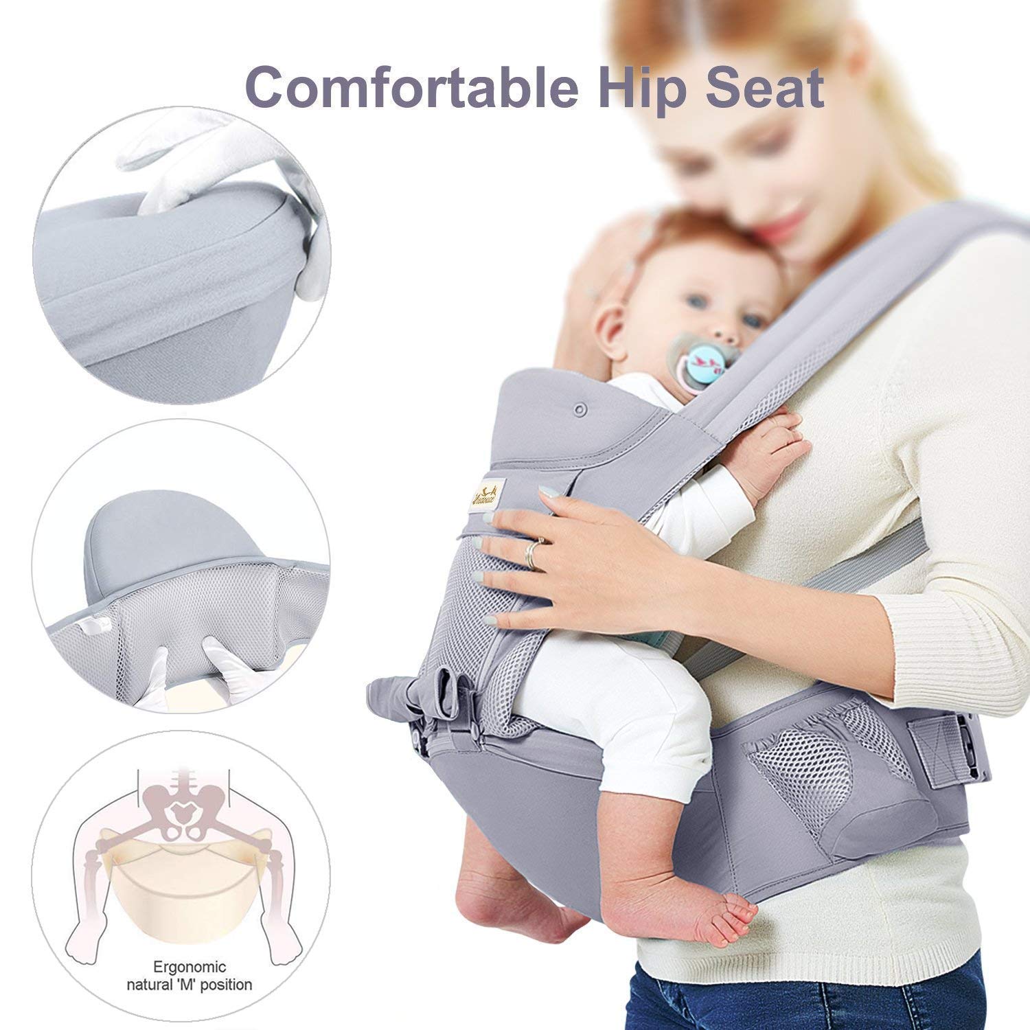 Viedouce Marsupio Neonati Ergonomico con Sedile/Puro cotone Leggero e Traspirante/Multiposizione:Dorsale, Ventrale,Regolabile ad Neonato e Bambino da 3 a 48 Mese (3,5 a 20 Kg)