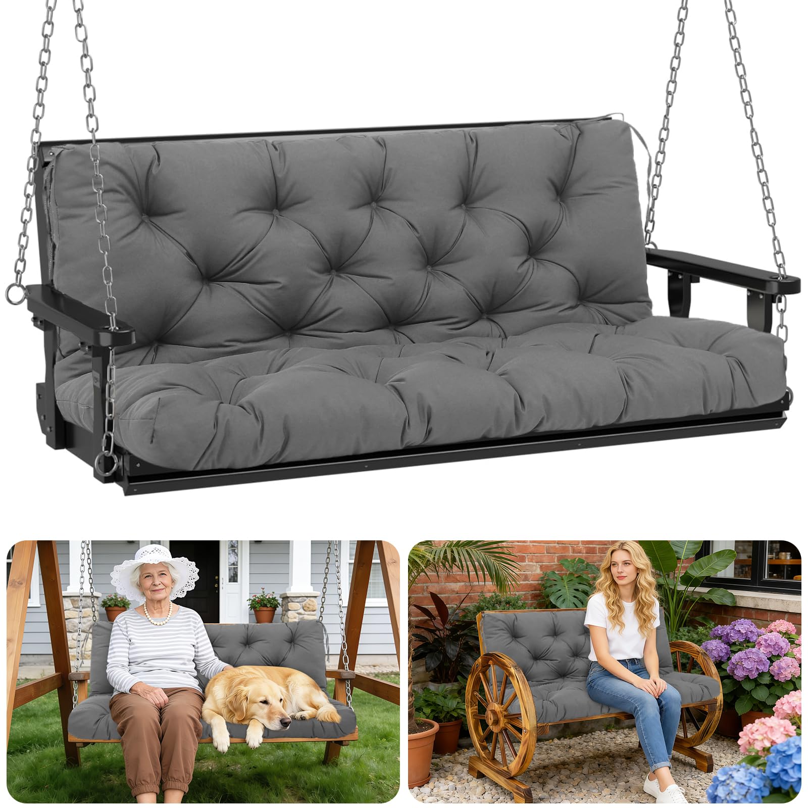 Porch Swing Cushions Outdoor 40 inch x 40 Waterproof Swing Cushions 3 Seater Replacement with Backrest &amp; 8 Ties 5" Thick Bench Swing Cushions for Outdoor Furniture Patio(Dark Gray)