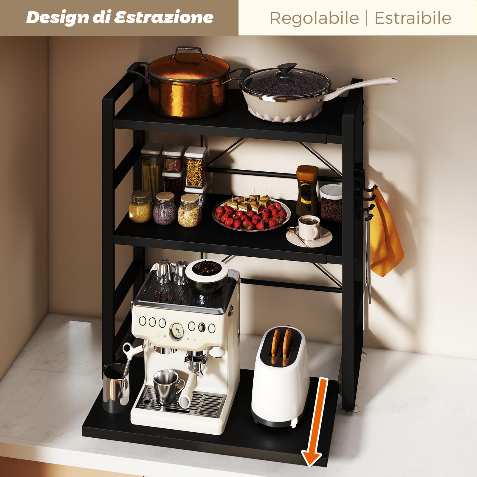 Scaffalatura per microonde a 3 ripiani, regolabile in altezza ed estraibile, con cassetto, in acciaio al carbonio, con ganci e ventose di rinforzo, scaffale da forno (nero)