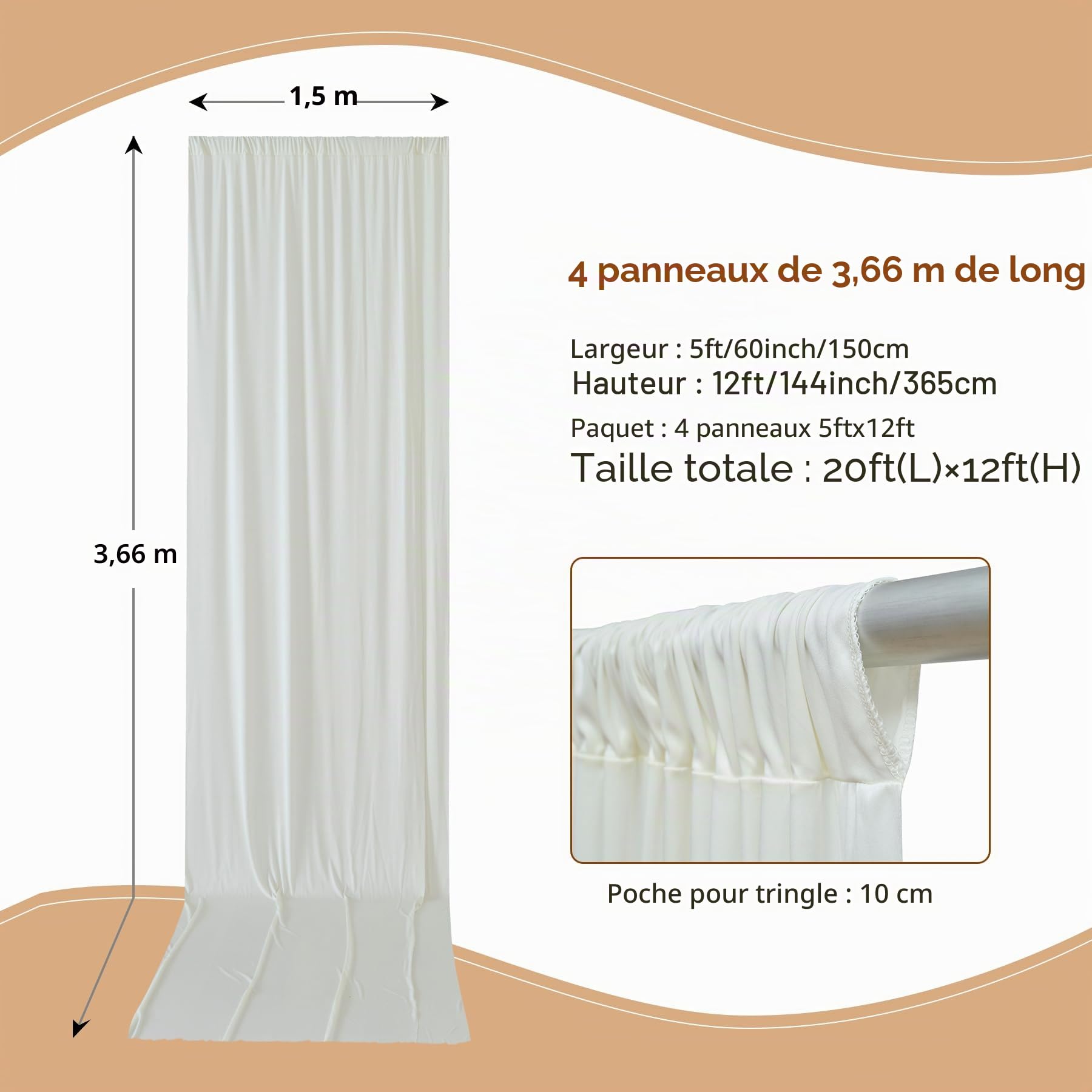 NSSONBEN Rideau de Fond crème sans Plis de 6 m x 3,6 m pour Mariages et fêtes, 4 Panneaux de 1,5 m x 3,6 m en Polyester Doux et Soyeux pour Rideaux de Fond pour Photographie de fête