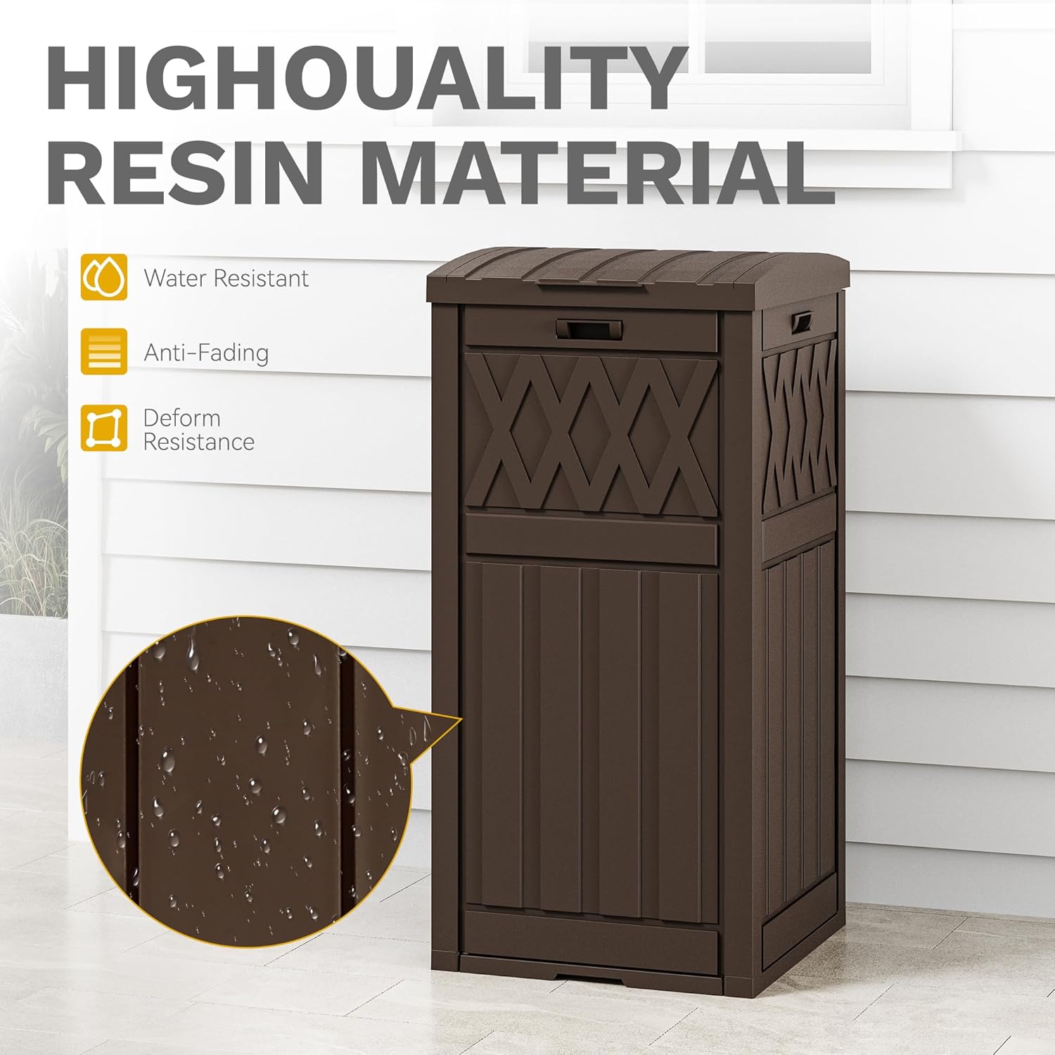 DWVO 33 Gallon Outdoor Trash Can with Tiered Lid and Drip Tray, Waterproof Resin Garbage Can for Patio, Kitchen, Deck and Backyard - Brown
