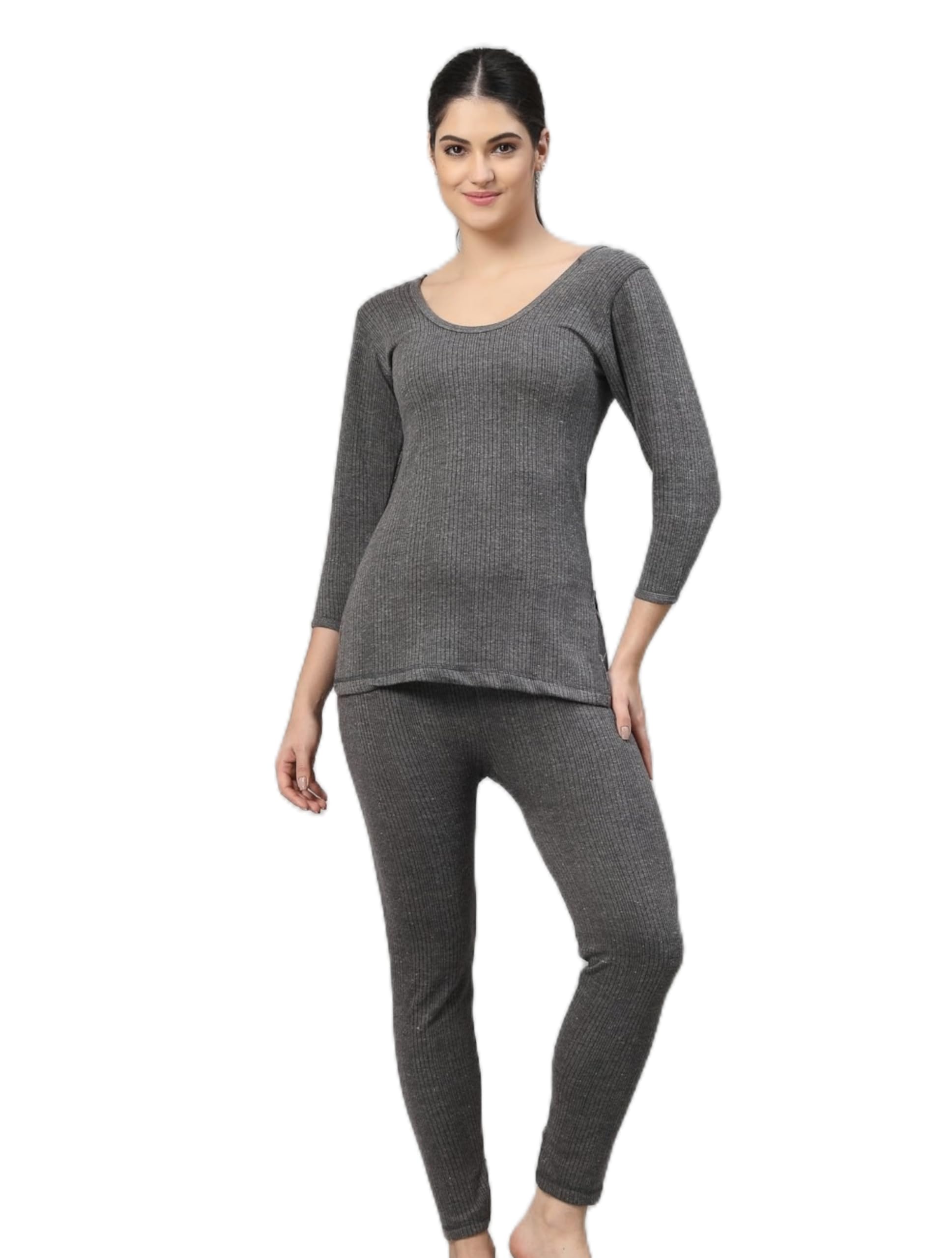 Women's Thermal Underwear Set, Grey Ribbed Long Sleeve Top and Leggings, Winter Base Layer