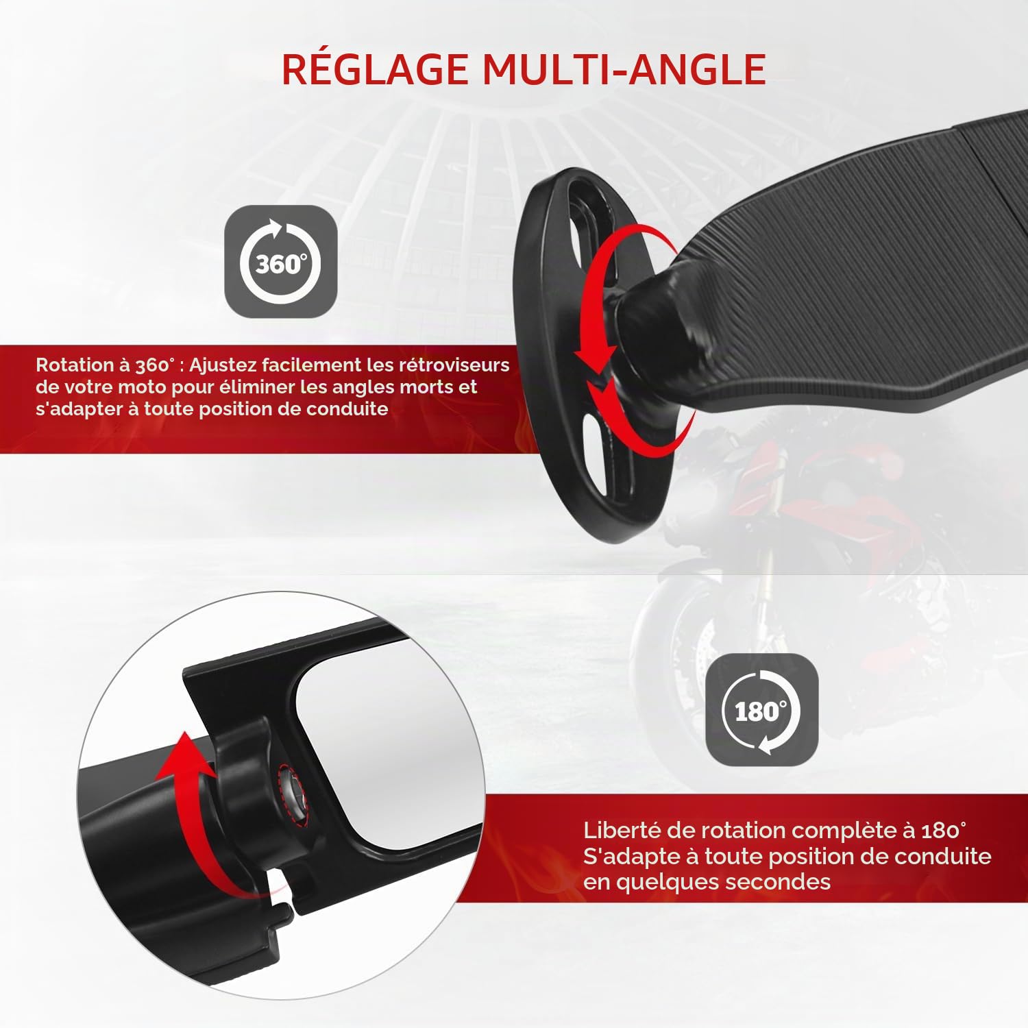 Rétroviseur latéral de moto avec base pour Ninja650 Ninja500 Ninja400 ZX6R ZX10R ZX4RR ZX14R CBR300R CBR500R CBR600RR CBR1000RR GSXR600/750/1000 FZ6R, Rétroviseur de moto rotatif (Régulier)