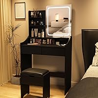 Vista 6 de Vabches Vanity Desk with LED Light Mirror and Charging Station, Small Cute Vanity Set with 4 Storage Shelves 2 Drawers, Vanity for Girls Women with