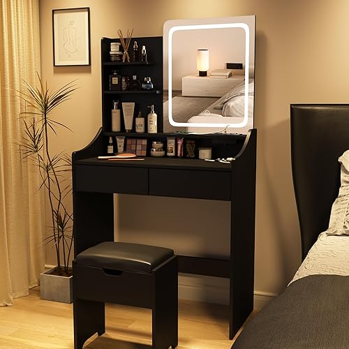 Miniatura 6 de Vabches Escritorio de tocador con espejo de luz LED y estación de carga, pequeño y bonito juego de tocador con 4 estantes de almacenamiento, 2