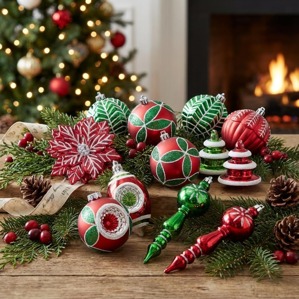 Valery Madelyn Christmas Tree Ornaments Set, 50ct Red Green White Shatterproof Christmas Tree Decorations Bulk, Variety Vintage Decorative Hanging Ball Ornaments for Xmas Trees Holiday Party Decor