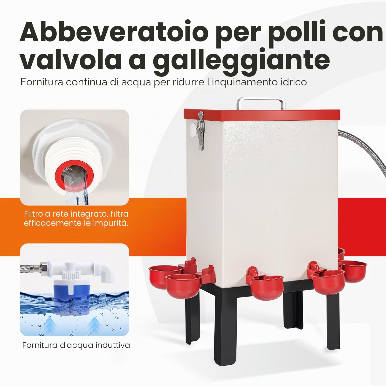 Abbeveratoio Automatico per Polli da 12L Distributore d'acqua per Pollame in Acciaio Inossidabile con Valvola Tazze d'acqua e Supporto Alimentatore per Acqua per Pulcini Anatre Oche Tacchino