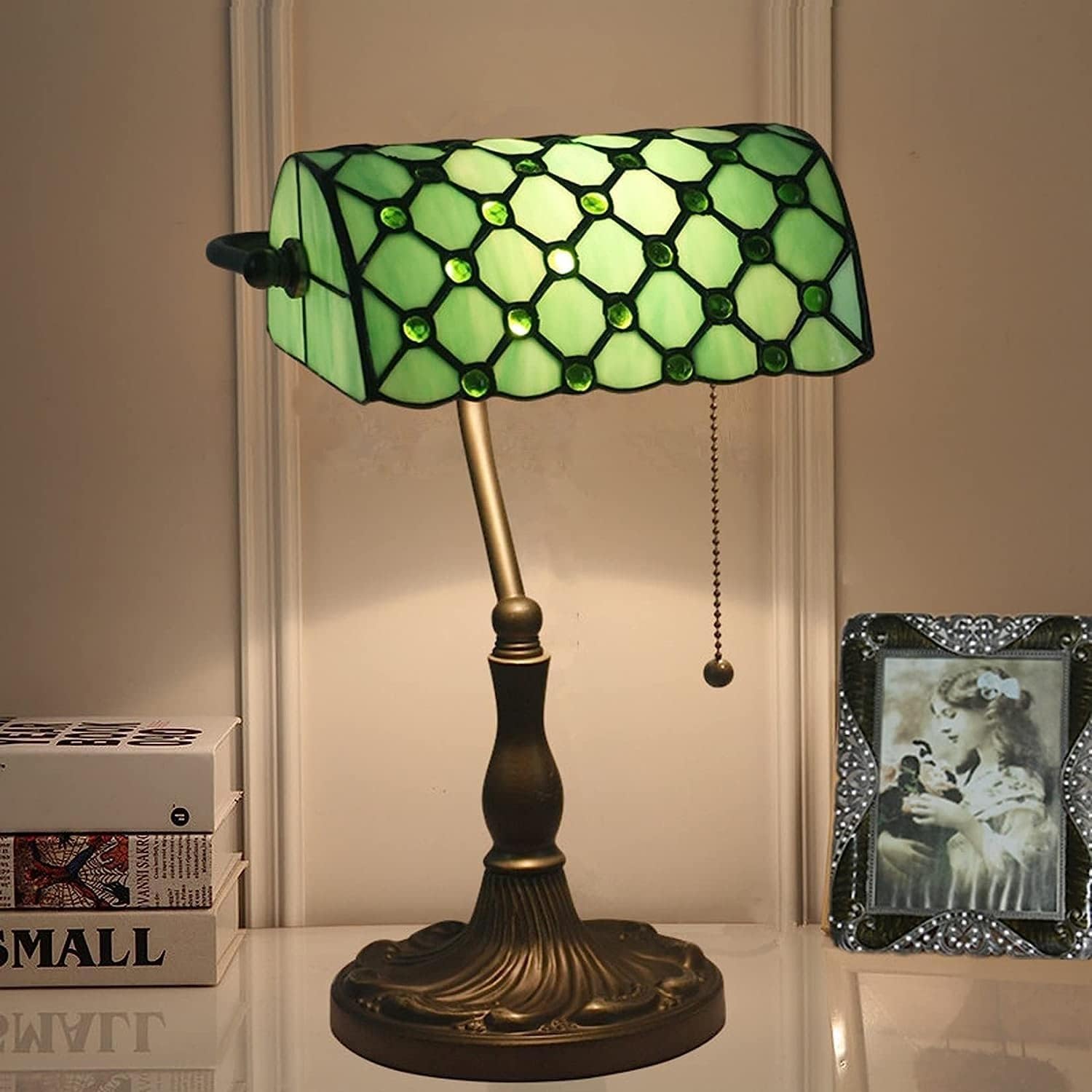 Bankier's Tischlampe, farbige Glaslampe, Kristallperlenschreibtischlampe, Schlafzimmer in der Nacht Leselampe (Emerald Green Glass Perlen Schatten) Innovate