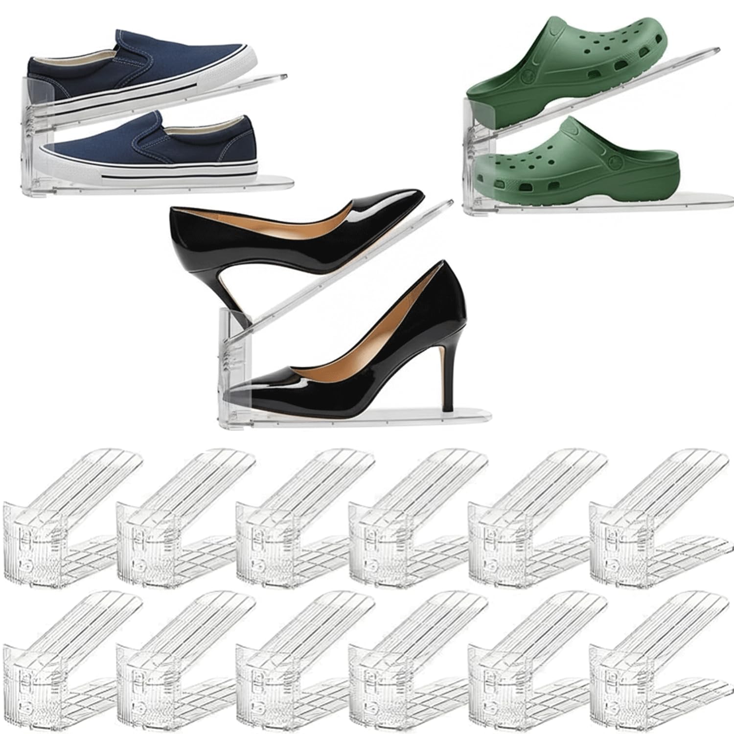 YASMAE 12 Pack Shoe Slots Organizer, Durable Stackable Shoe Holder for Closet Organization, Clear Double Layer Shoe Space Saver, Adjustable Shoe
