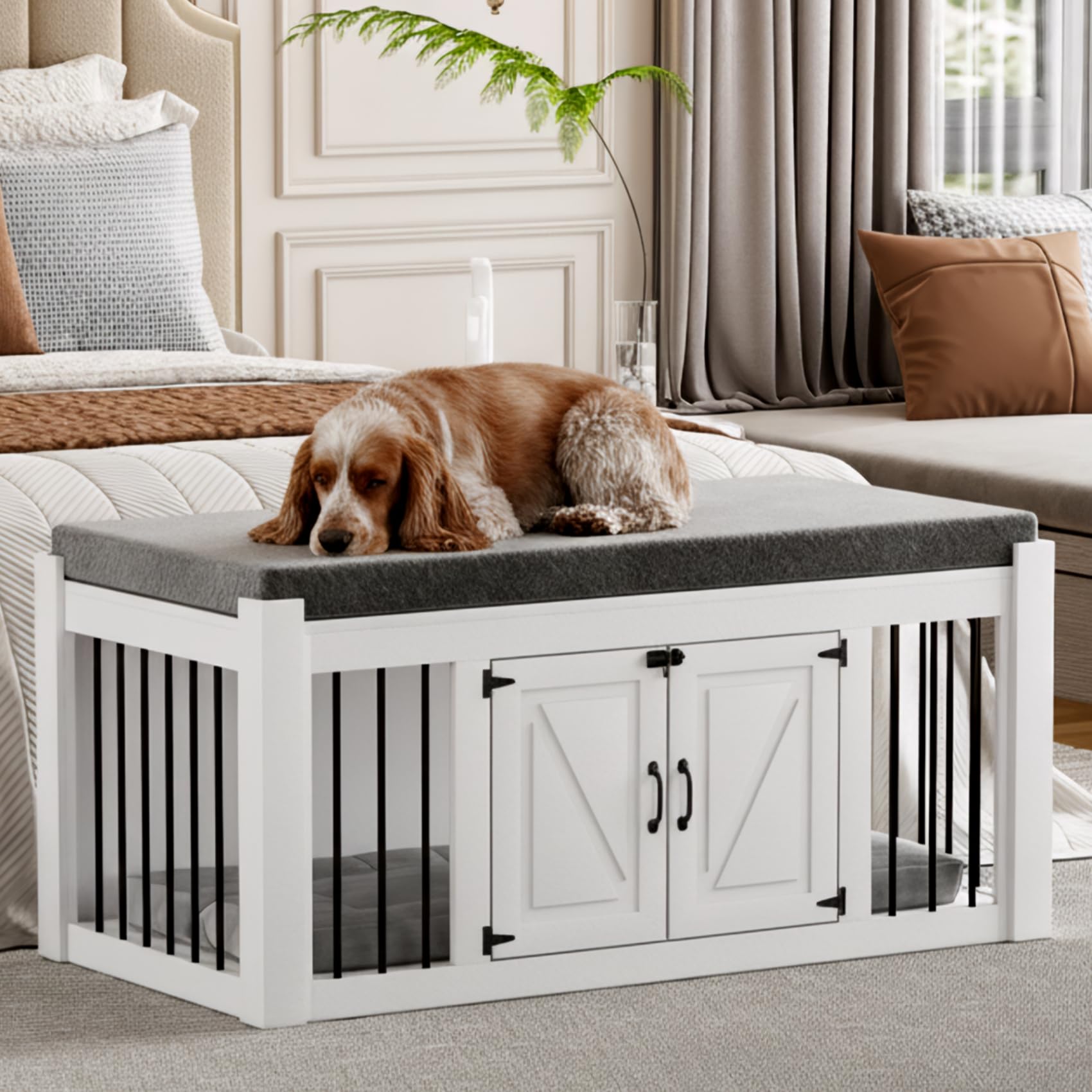 Dog Crate Furniture with Padded Seat, Luxury Wooden Dog Kennel, End of Bed Bench Ottoman with Removable Cushion for Bedroom, Living Roome, White