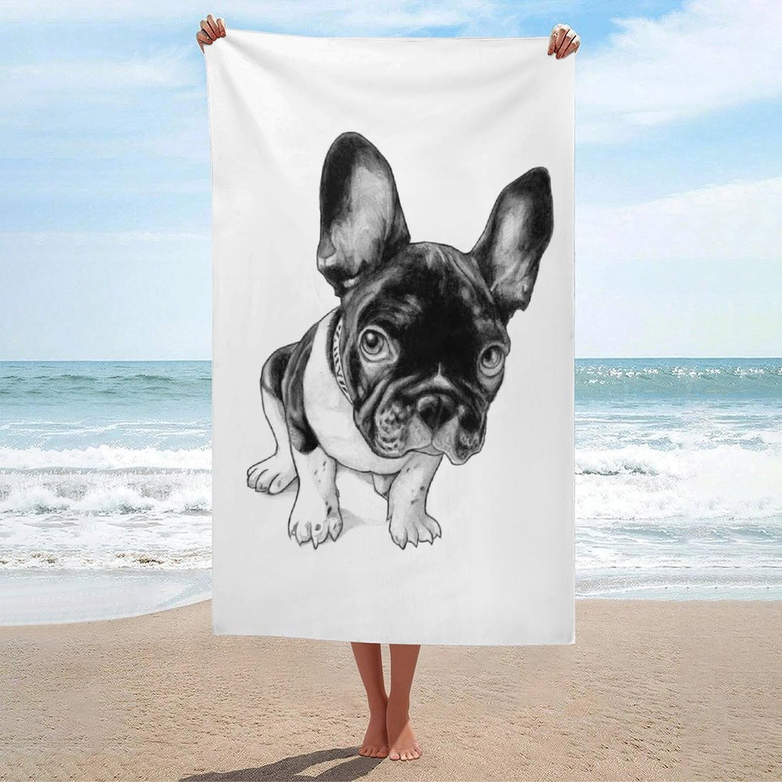 LEDFCVSU Beach Towel, French Bulldog Bath Towel, Absorbent Towel for Swimming, Sports, Travel