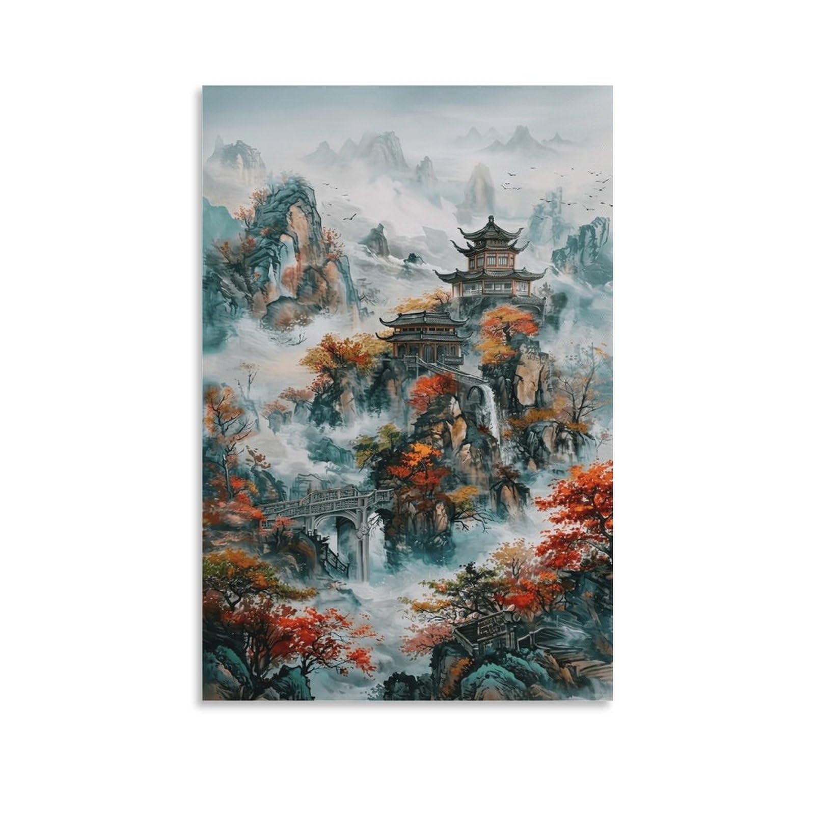 XPASHIQWC Chinese Pavilion Poster Artwork Ink Wash Painting Giclee Canvas Prints Modern Wall Art Picture Wall Hanging for Living Room Bedroom Home Decorations 20x30inch(50x75cm)