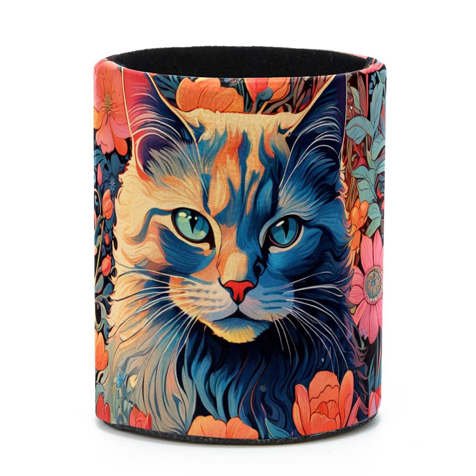 VAPOKF Round Pencil Holders for Desk, Color Drawing Cat Pen Holders Pen Pot Makeup Brushes Storage Desktop Stationery Supplies Organiser for Home Office