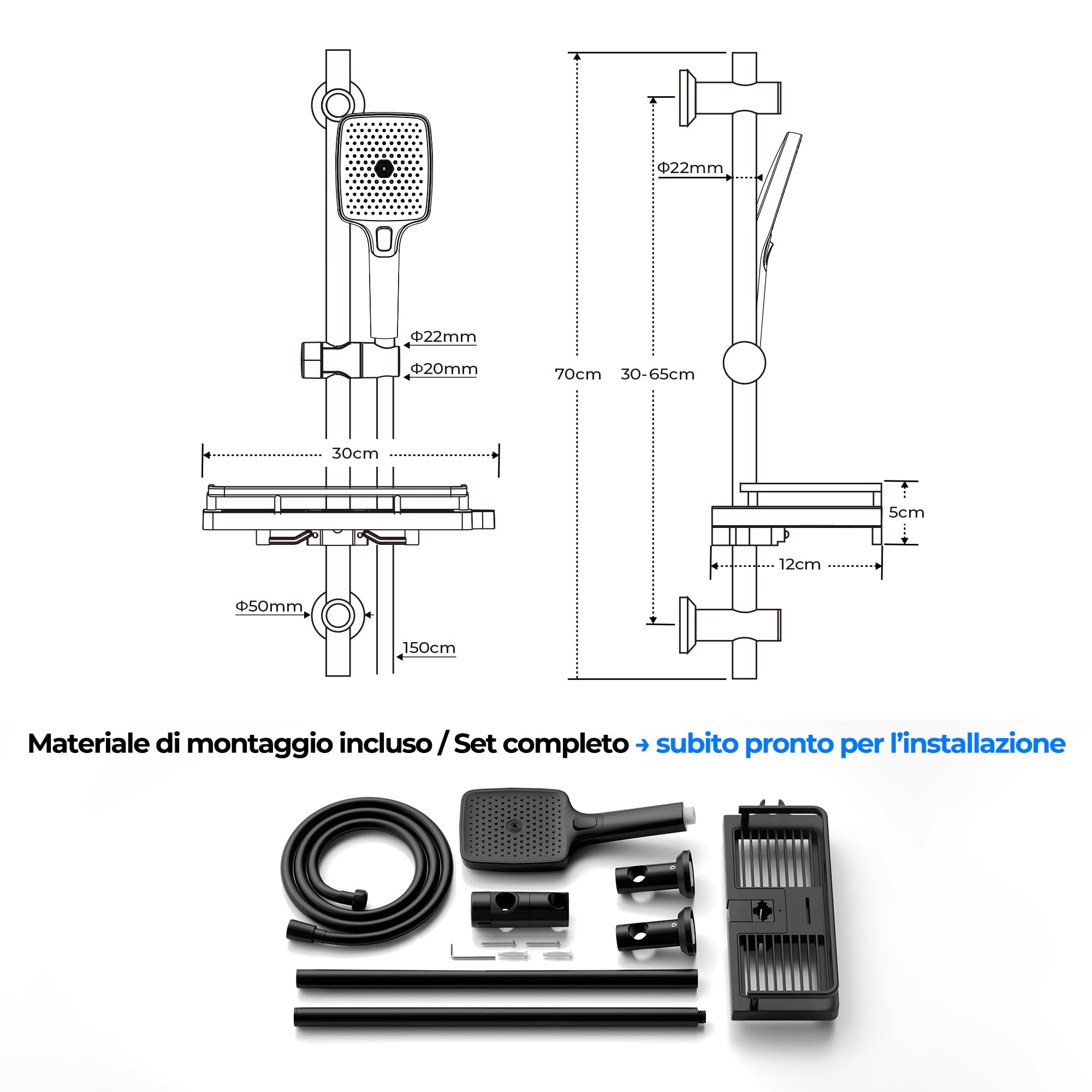 JOHO Colonna Doccia Senza Miscelatore, Asta Doccia Acciaio Inox 70 cm con Supporto Soffione Regolabile, Saliscendi Doccia Adattarsi ai Fori Esistenti con Doccetta 3 Geti e Mensola, Nero