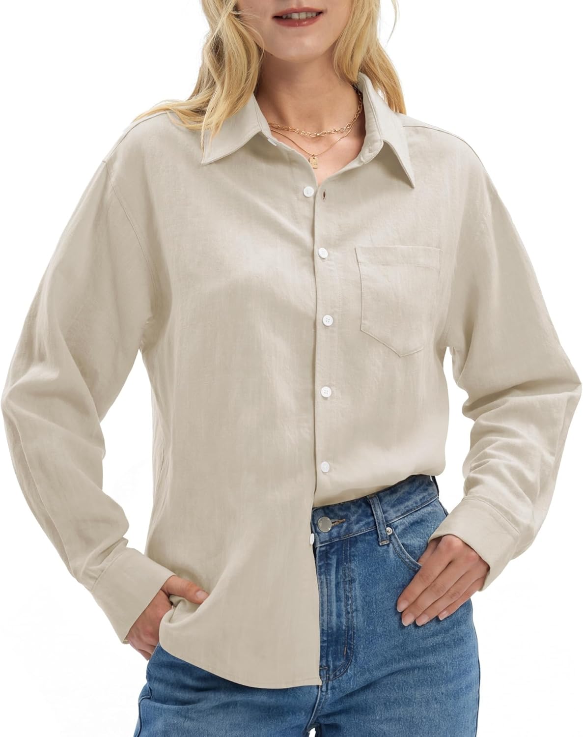 Women's Linen Shirts Casual Button Down Linen Tops for Women Long Sleeve Loose Fit for Summer Beach Vacation