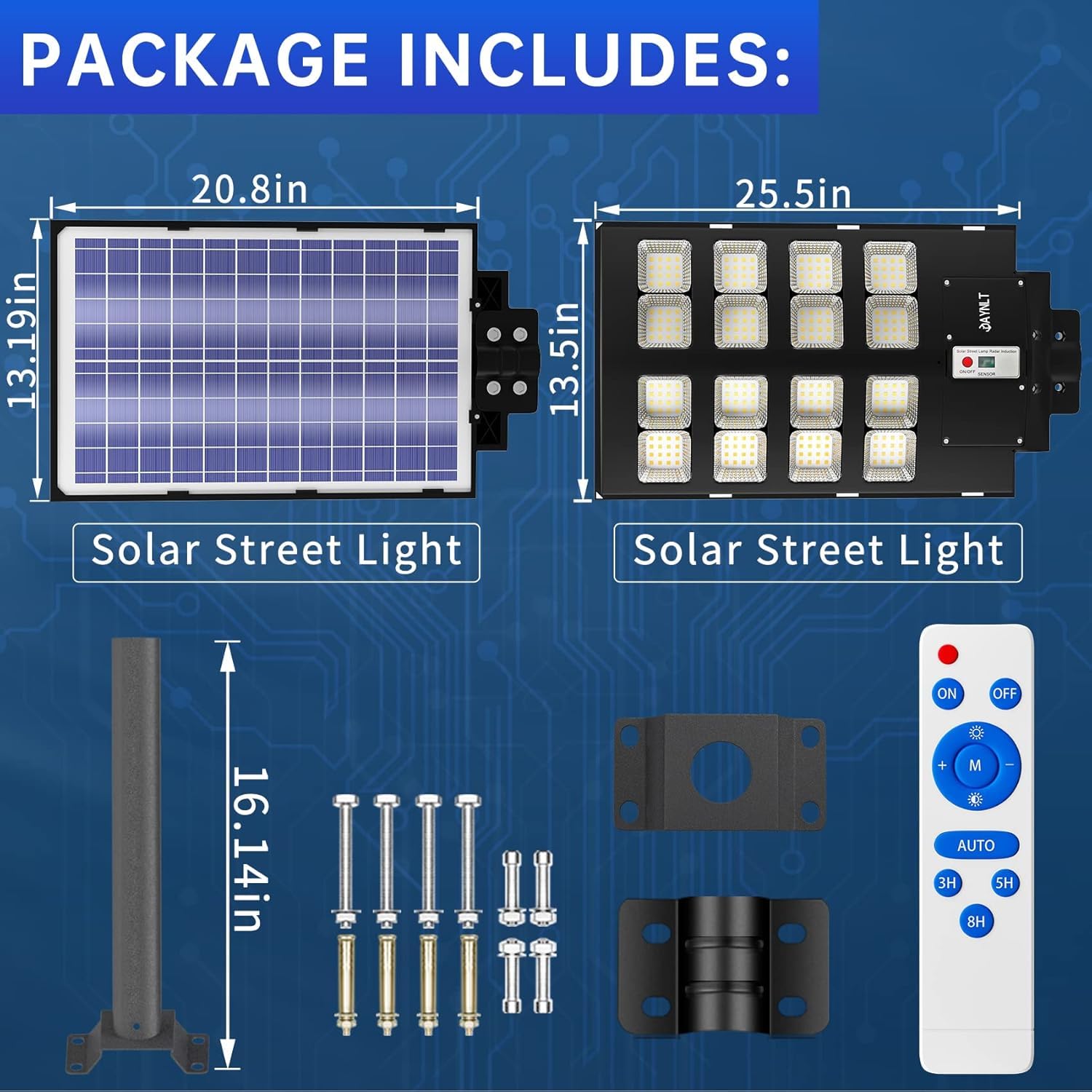 JAYNLT 2500W Lampione Solare Led Esterno, 6500K Faro Stradale con Pannello Solari, IP67 Impermeabile Luci Solari di Sicurezza, Lampioni Stradale con Sensore Movimento per Sentieri, Vialetti, Giardino