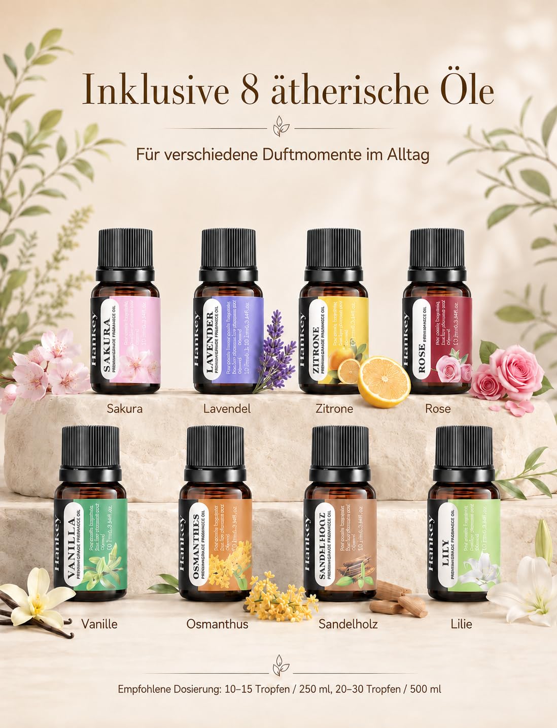 500ML Aroma Diffuser für Ätherische Öle Aromatherapie-Diffuser mit 8 Ölen, Fernbedienung, 4 Timer, 14 Farben und 2 Sprühmodi(Goldgelb)