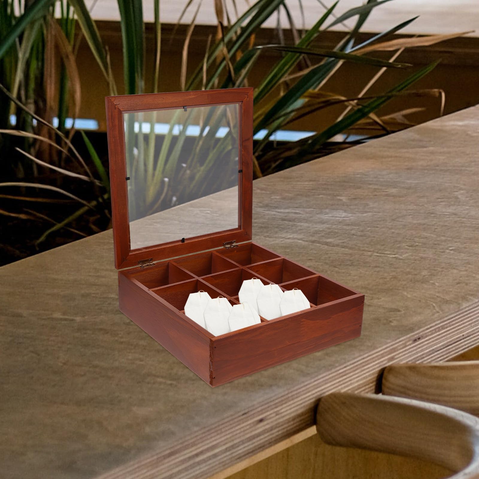 PLAFOPE Caja de Almacenamiento de Madera 9 Compartimentos y Ventana Acrílica para Organizar Bolsitas de Té y Paquetes de Café Adecuado para Cafés y Fiestas Reutilizable