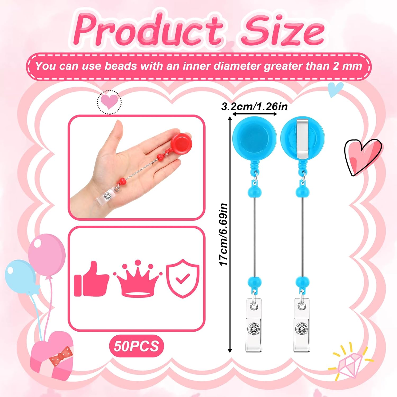 50 Pcs Beadable Badge Reels Retractable Badge Holder Bulk Blank Bar ID Name Badges Reels with Belt Clip Beadable Items for ID Name DIY Gift for Nurse, Teacher, Office, Colorful
