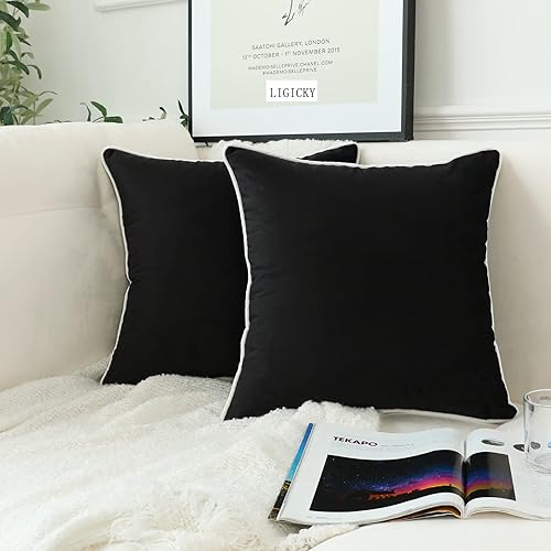LIGICKY Set of 2 Black Velvet Throw Pillow Covers Modern Minimalist Style Solid Decorative White Rope Edging Soft Square Cushion Cases for Sofa