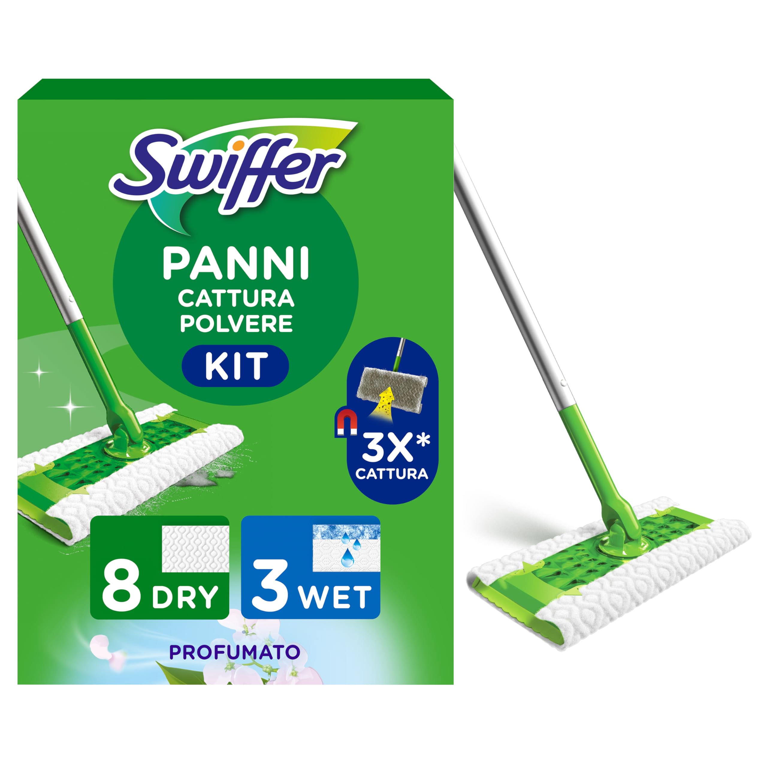 Swiffer Starter Kit Manico Scopa + 8 Panni Pavimenti + 3 Lavapavimenti