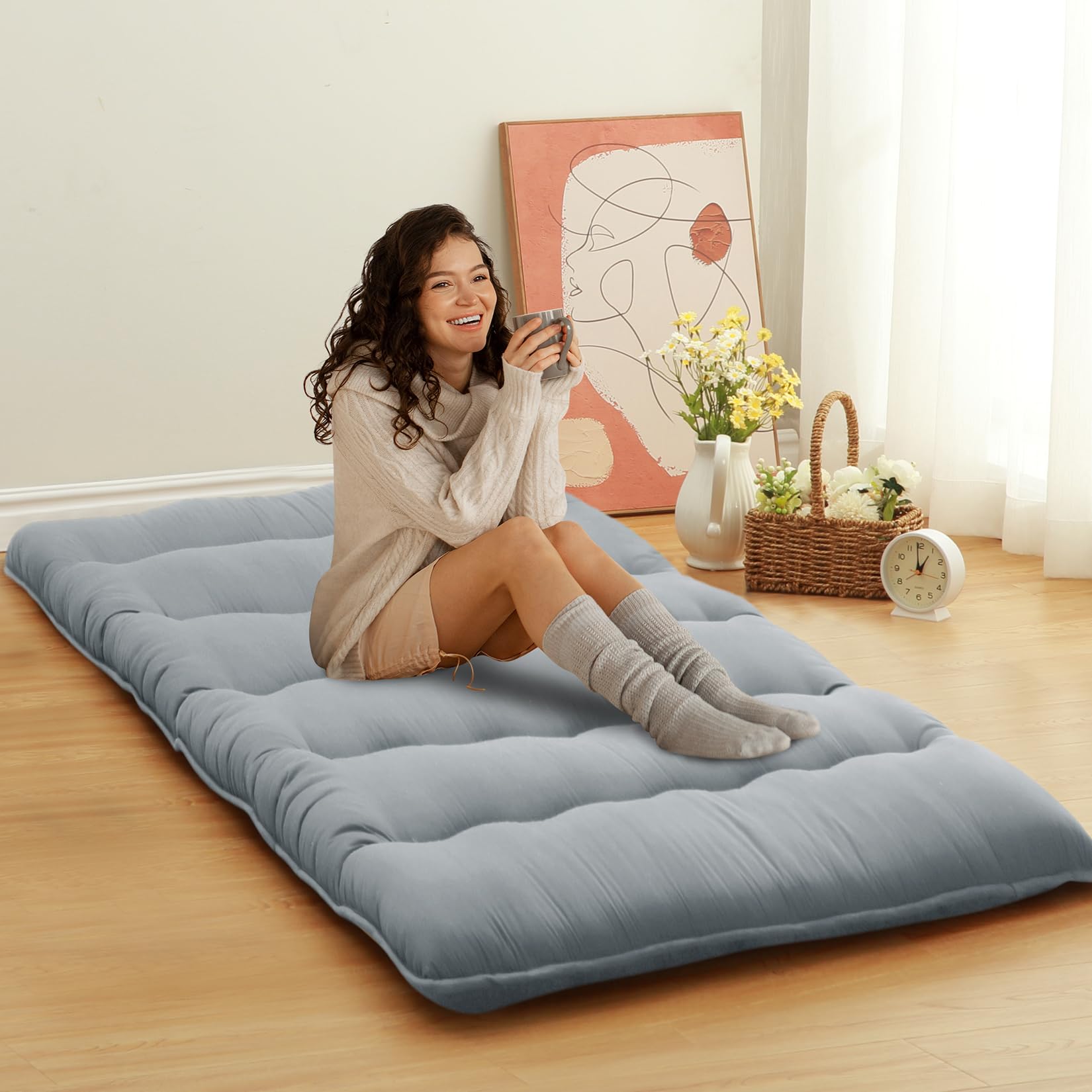 Japanese Futon Mattress Floor Mattress for Adults, Sleeping Mattress for Floor Japanese Futon Floor Mattress Twin Size, Tatami Mat, Roll Up Mattress Camping Mattress Pad, Wave Grey