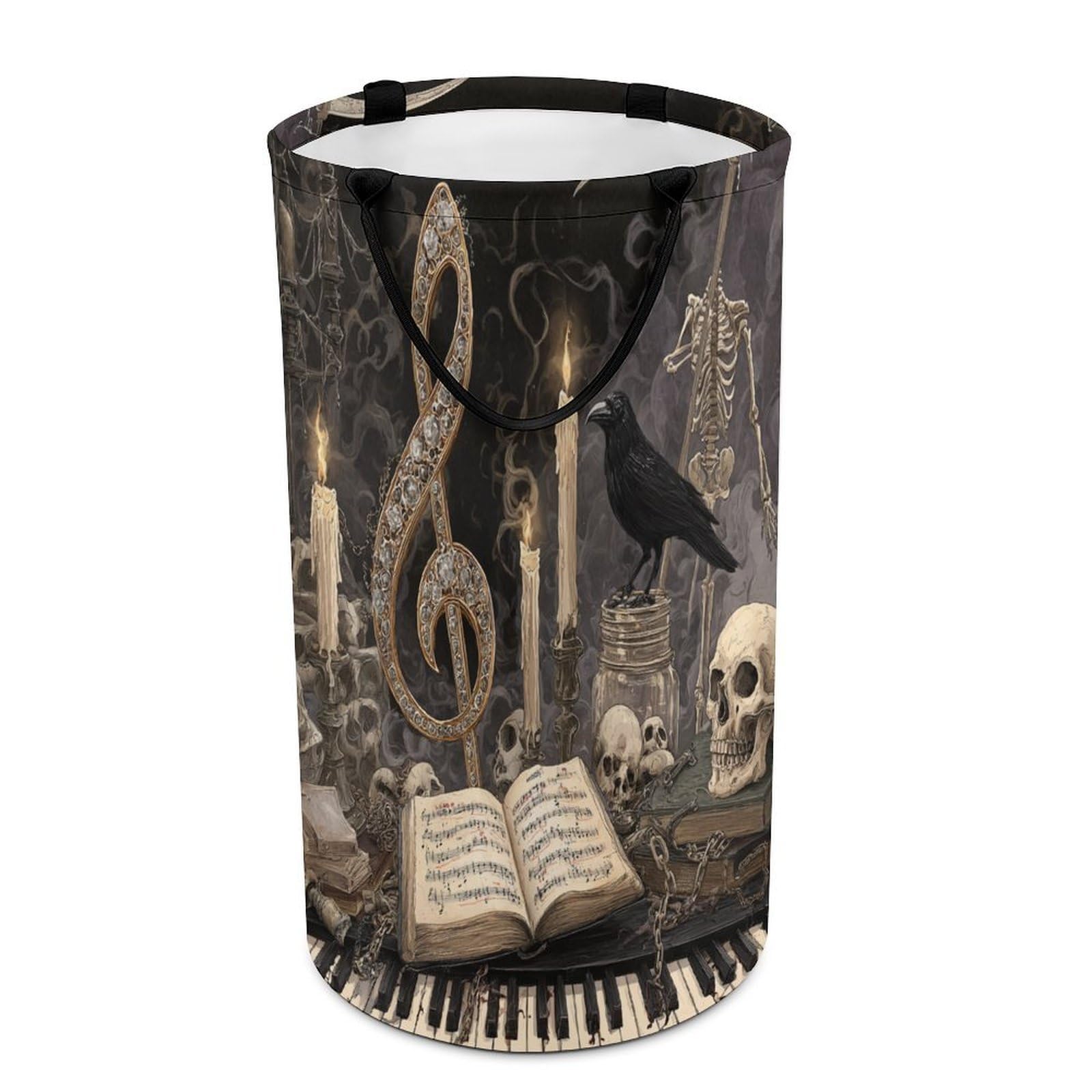 LUYYSKY Rustic Music Instrument Piano Collapsible Dirty Clothes Basket, Classic Gothic Skull Skeleton Musical Note Animal Raven Portable Clothes Storage Laundry Basket-40 CM Dia, 69 CM High