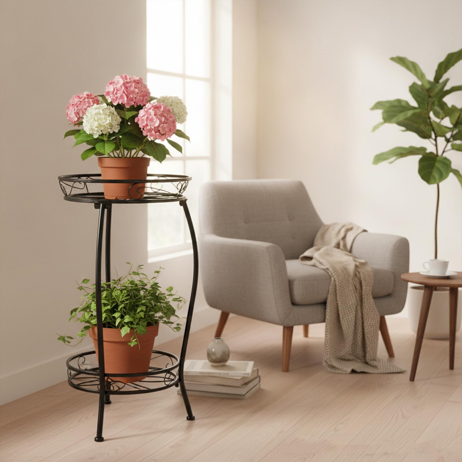 Porta Piante in Metallo Nero a 2 Livelli, Scaffale Portavasi Salvaspazio per Interno ed Esterno, Supporto per Piante Multiple ad Angolo per Balcone, Soggiorno, Patio e Giardino