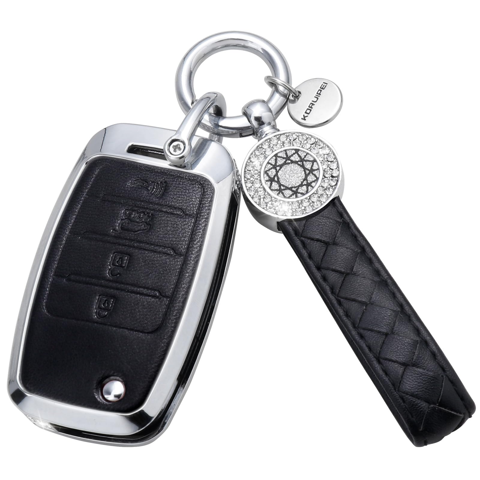 Black Leather Flip Key Case Cover For KIA Forte, Rio, Soul, Optima - 4 Buttons, Remote Start Compatible