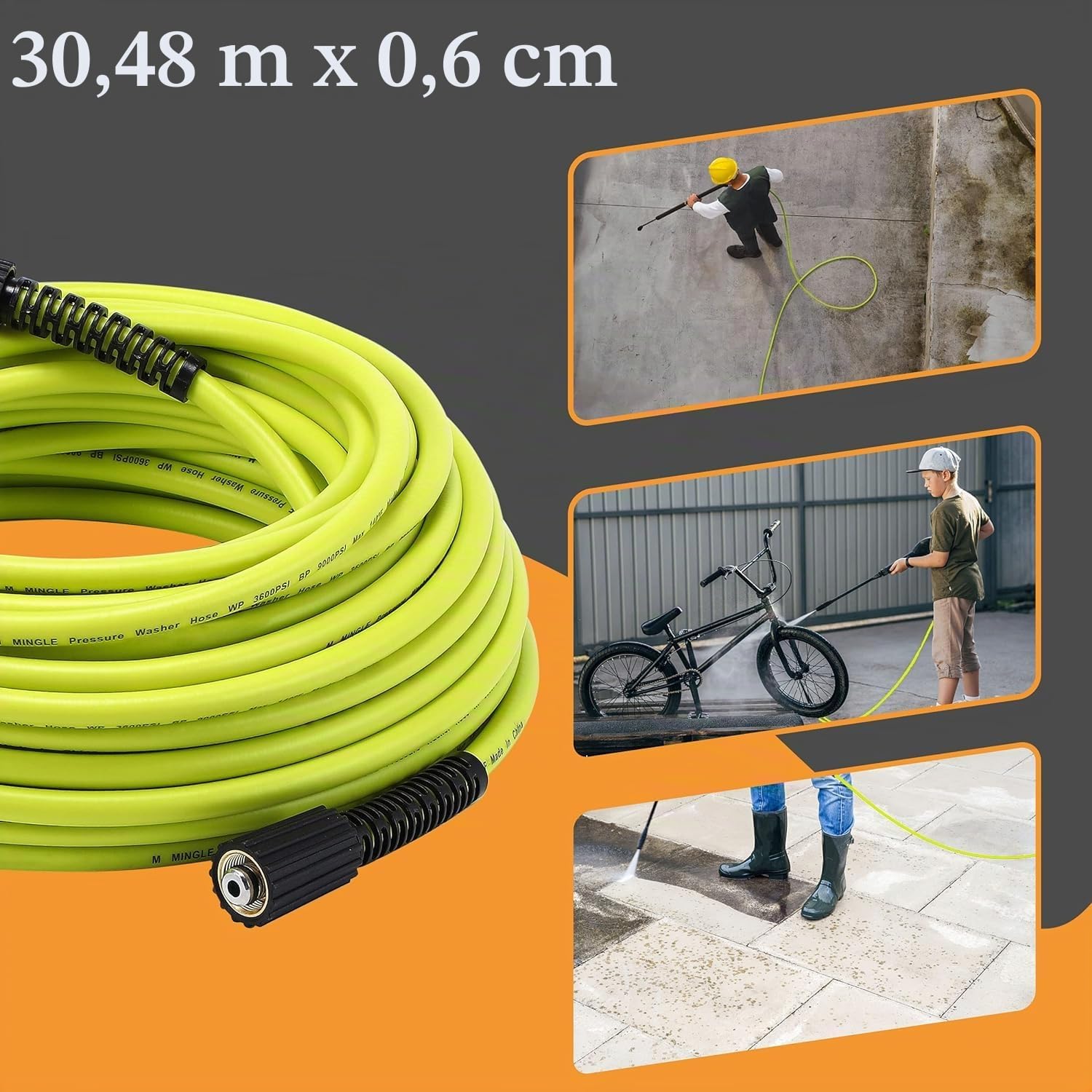 M MINGLE Hochdruckreiniger Schlauch 30m (100 FT) x 1/4 Zoll, M22 14 mm Ersatzschlauch für Hochdruckreiniger mit 3/8 Zoll Schnellkupplungs-Set, 248 bar (3600 PSI)