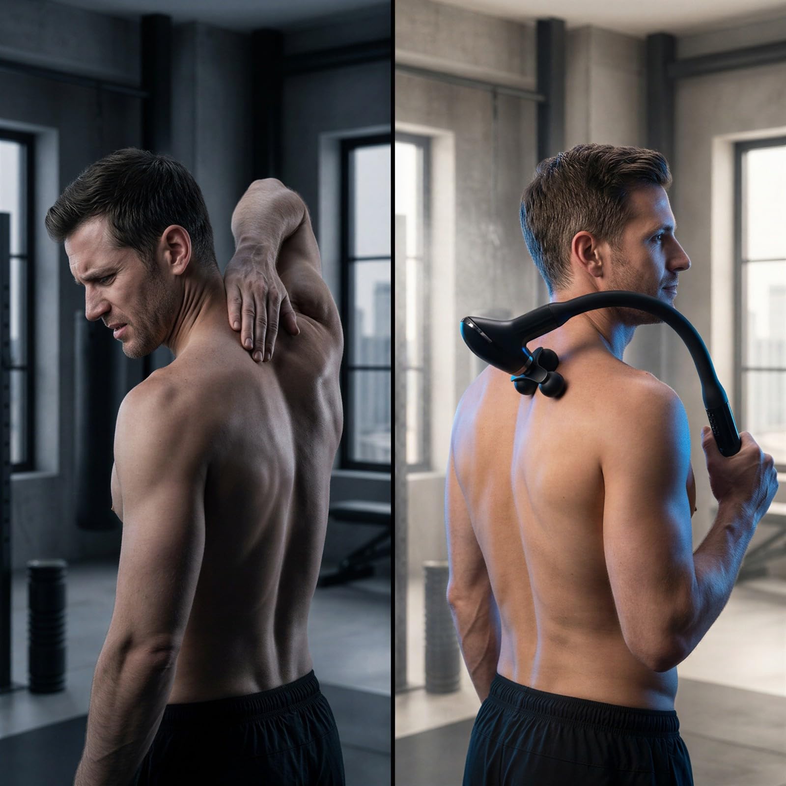 Massagegerät mit Verlängerungsgriff, ergonomisches Handmassagegerät mit gebogenem Griff, 8 Köpfe und L9 Display, Klopfmassage für Nacken, Beine, Schultern, Type-C Ladeanschluss, leiser Motor