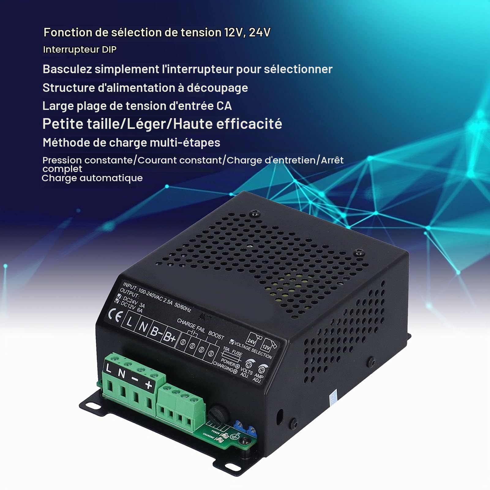 Chargeur de Batterie Intelligent 12V/24V pour Groupe électrogène AC100-240V LBC2403-1206B