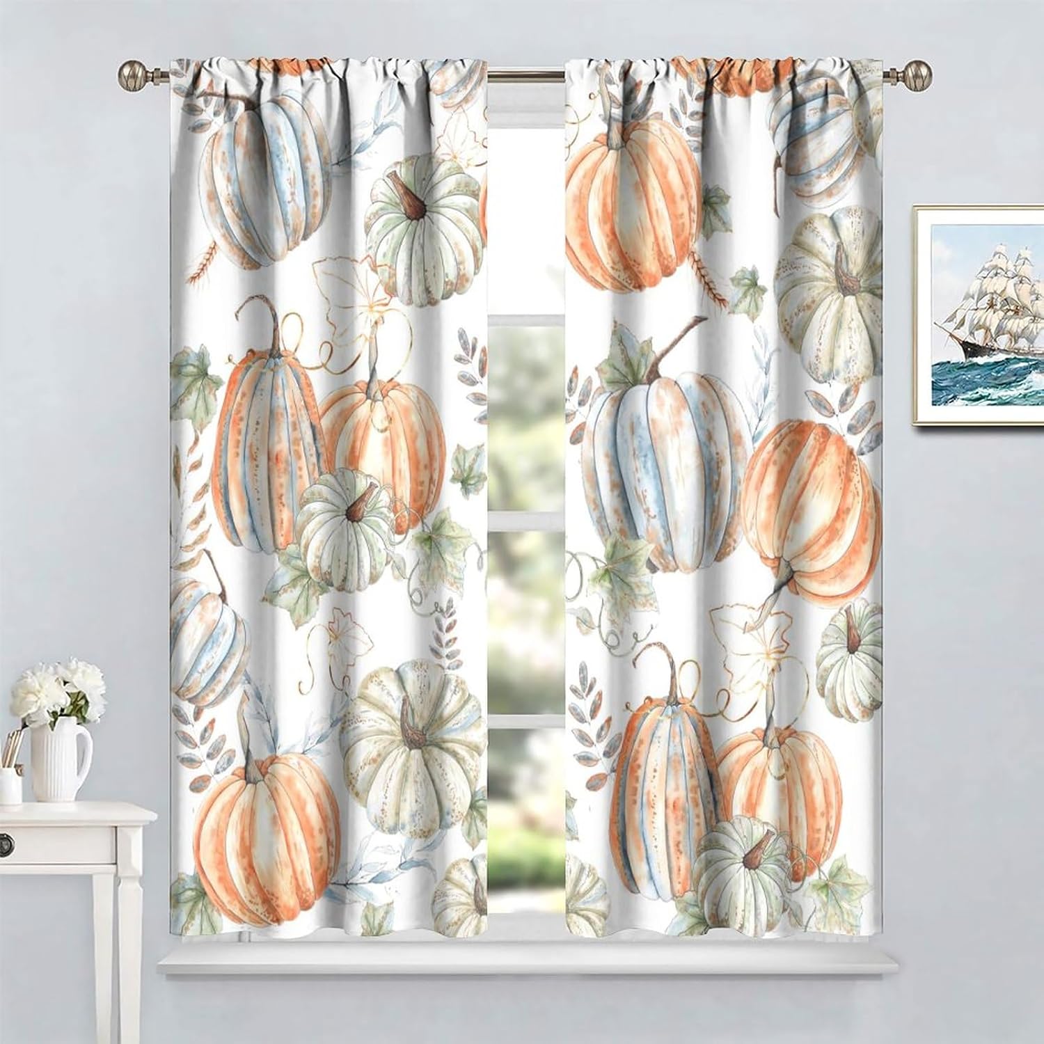 Autumn Kitchen Curtain,Fall Thanksgiving Pumpkins Harvest Print Curtains Home Farmhouse Decor Rod Pocket Drapes for Bedroom Living Room 42x54 Inch