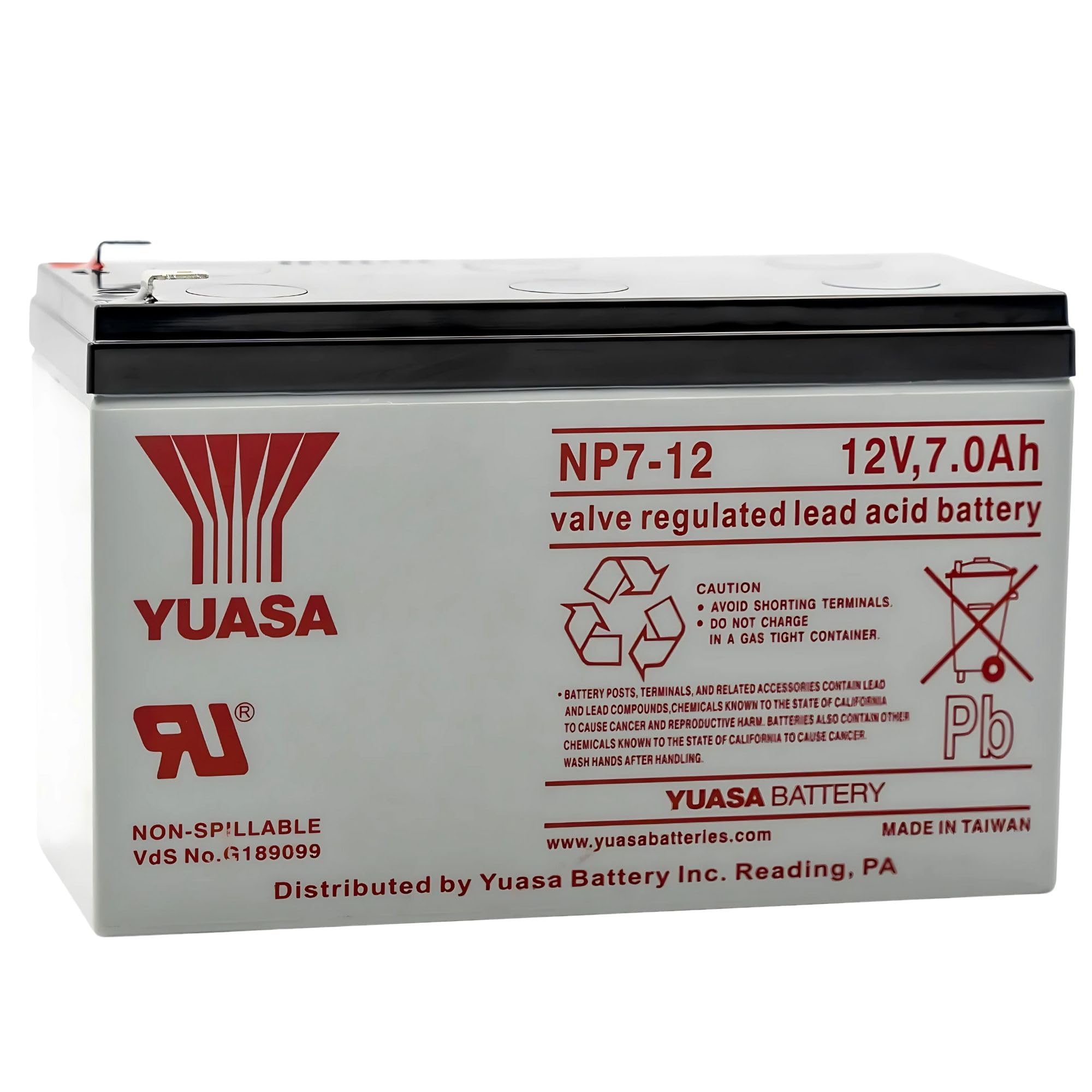 yuasa taiwan np7-12 sealed lead acid battery, 12v 7ah, maintenance-free non-spillable rechargeable sla for ups, security, emergency lighting, and backup power