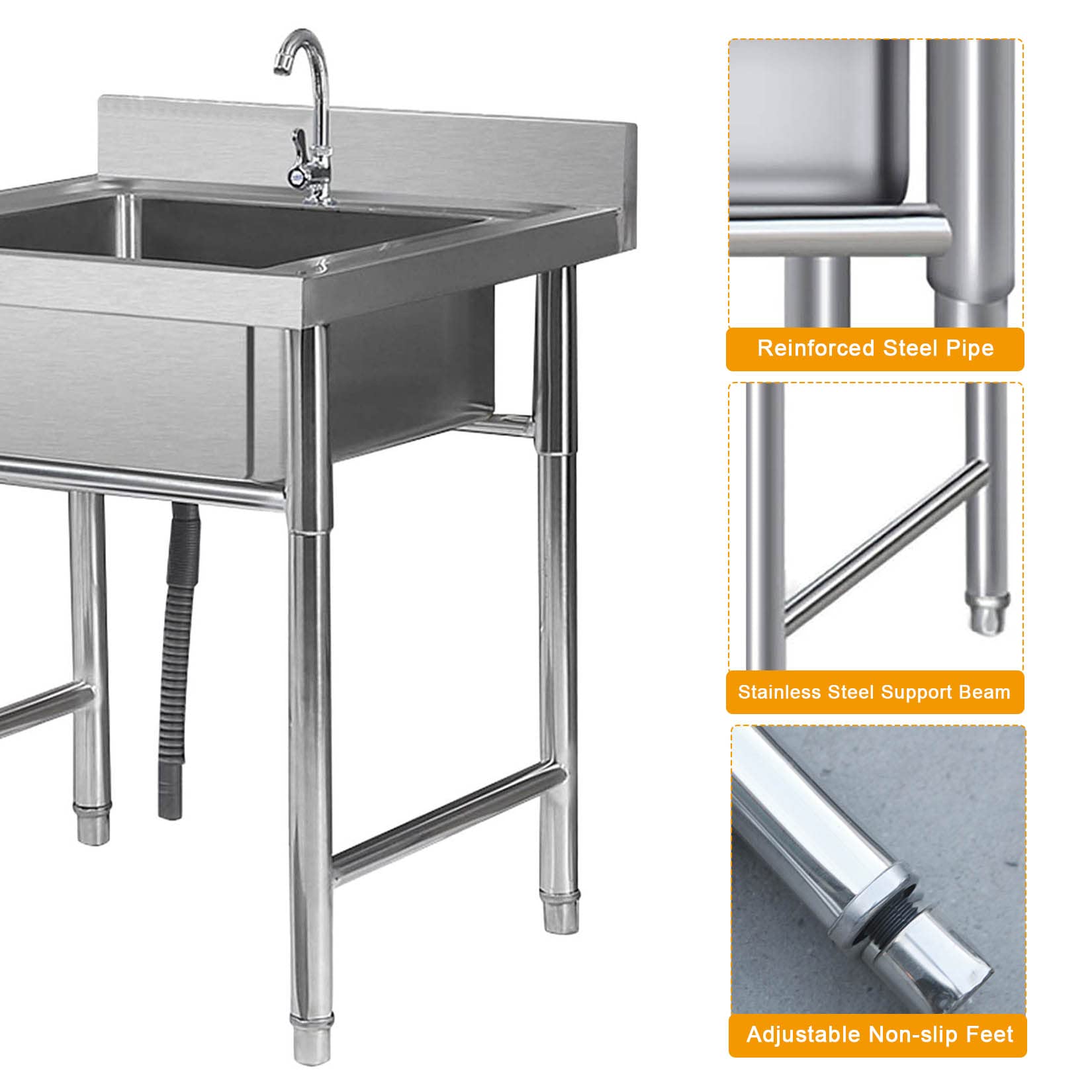 Lavandino multiuso, autoportante in acciaio inox con supporto e rubinetto, perfetto per cucina, ristorante, lavanderia, garage, cortile