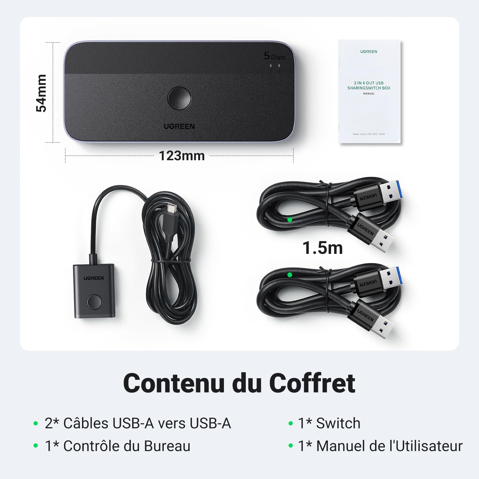 UGREEN Switch USB C 3.0 Commutateur KVM Ports pour 2 PC Entrées 4 Sorties 5Gbps pour Clavier Souris Disque Dur Imprimante avec Contrôle du Bureau et Câbles Inclus