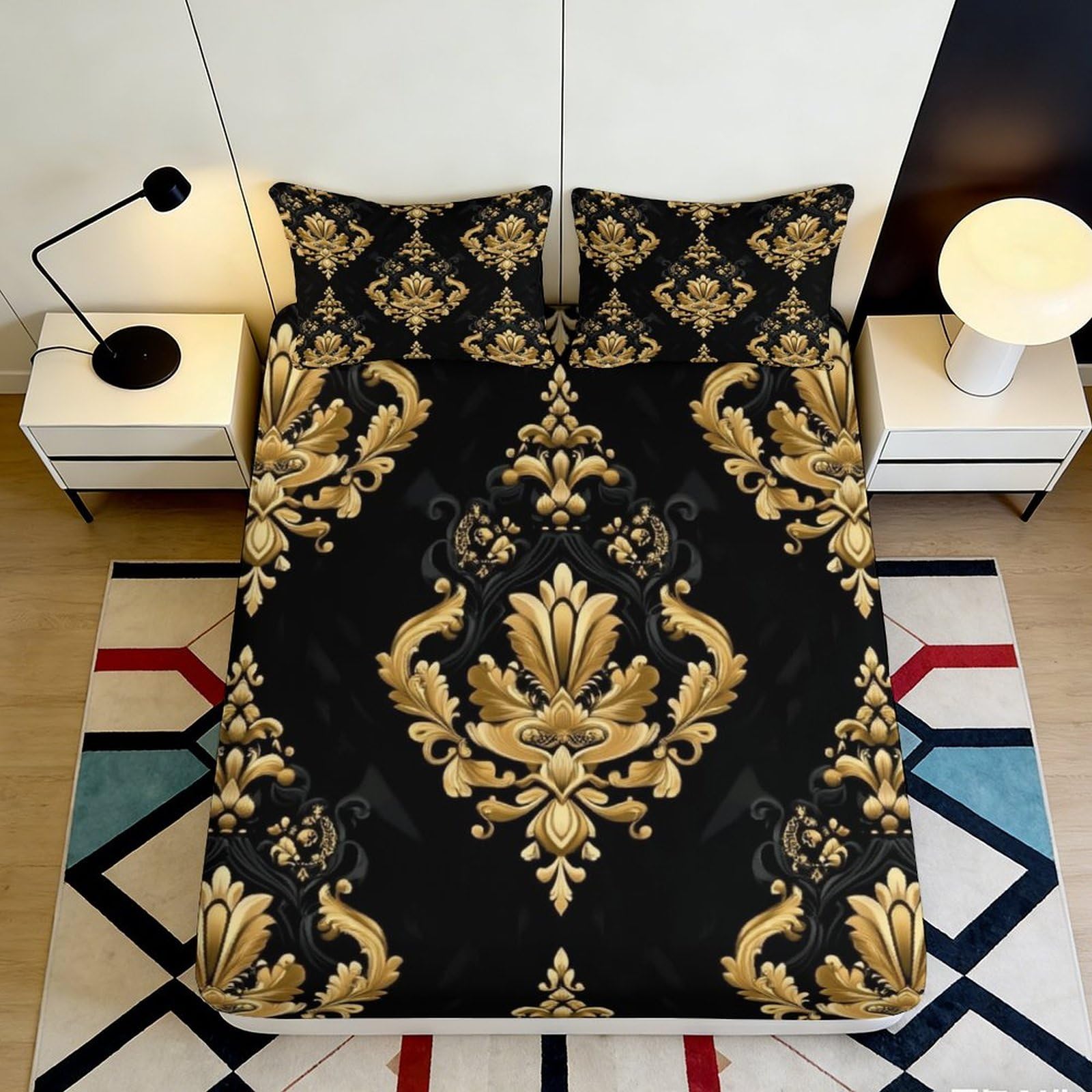 3D Printed Baroque Black Gold Fitted Sheet Microfiber Soft Damask Mattress Cover for Bedroom Guest Room Decor 90x200x25cm