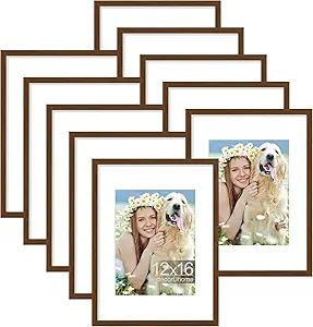 decorUhome 12x16 Picture Frame Set of 10, Display Photos 8.5x11 with Mat or 12x16 Unmatted for Picture Frames Collage Wall Decor, Brown