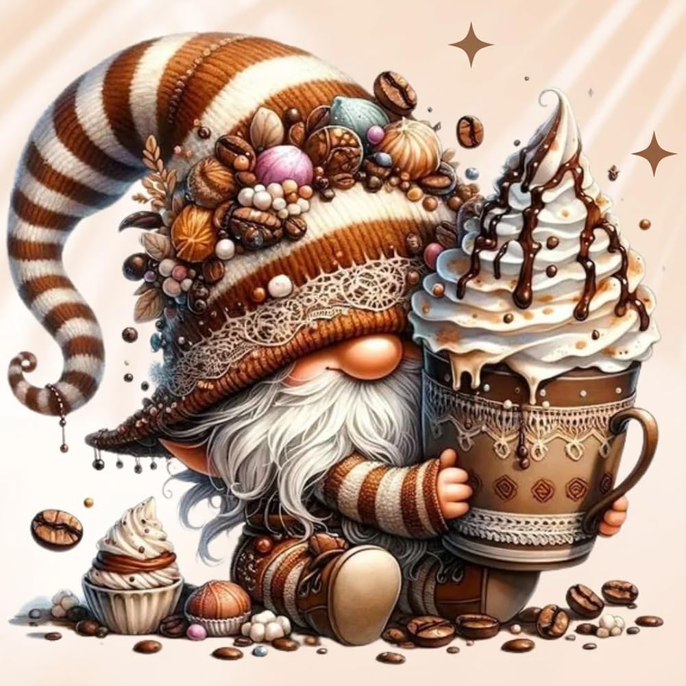 Fiorky K Coffee Gnome Diamond Painting Art Its Adults, 5D Diy Full Round Drill Diamond Painting Cartoon Coffee Gnome For Home Wall Decor