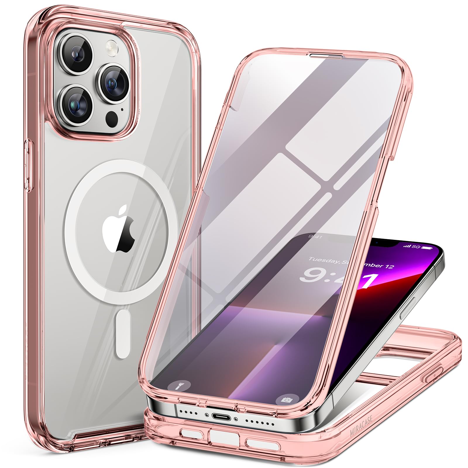 miracase Magnetic for iPhone 13 Pro Max Case 6.7 inch, (Compatible with MagSafe) Upgrade Full-Body Clear Phone Bumper Case with Built-in 9H Tempered Glass Screen Protector, Magnetic Clear Pink Magnetic Clear Pink iPhone 13 Pro Max