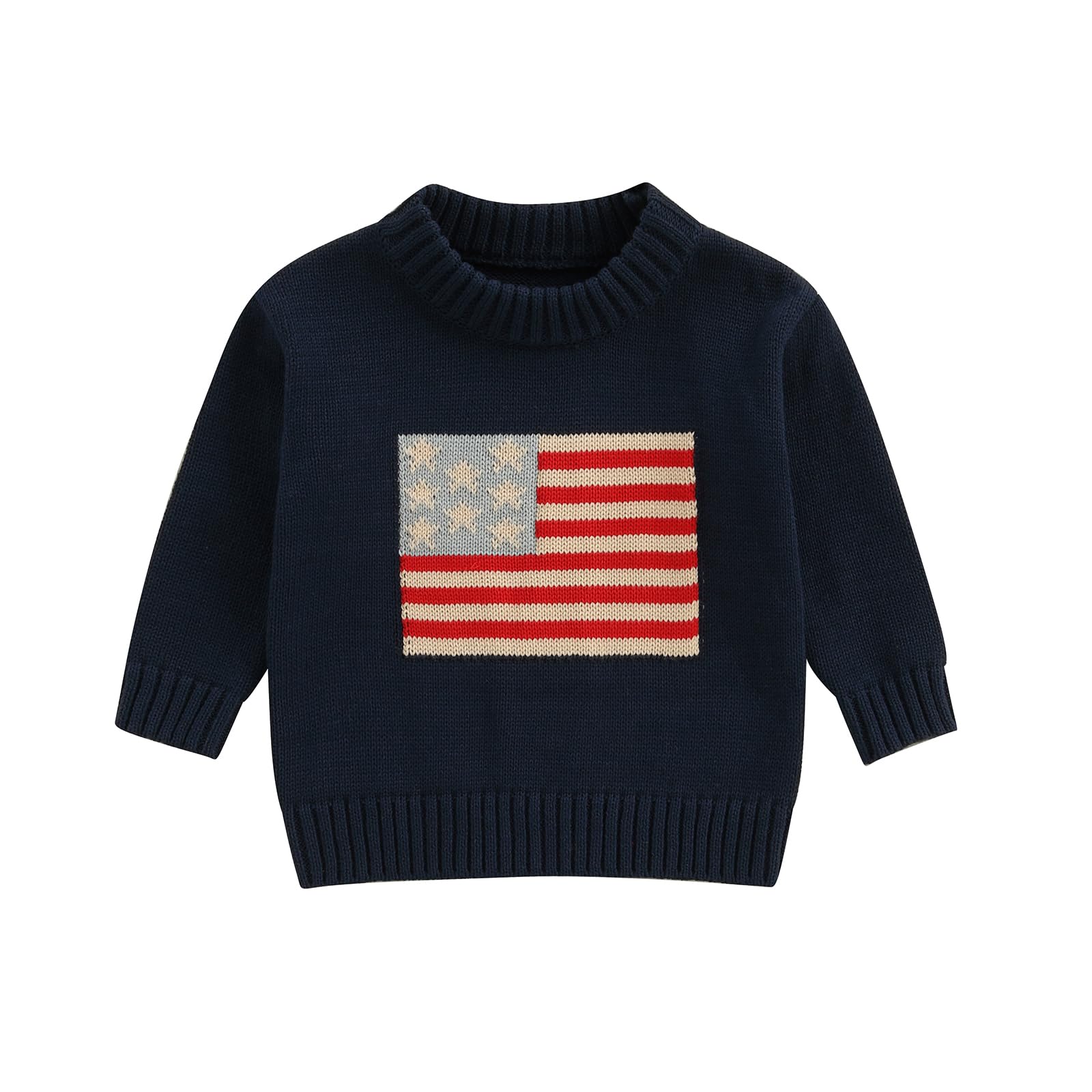 Toddler Baby Boy Girl 4th of July Outfit Long Sleeve Crewneck American Flag Sweater Memorial Day Patriotic Pullover Knit Tops (Blue, 6-9 Months)