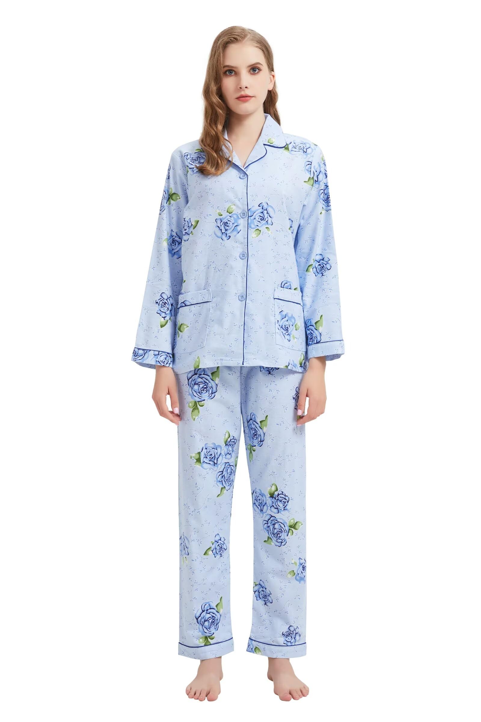 GLOBAL Women's Flannel Pajamas Set 100% Cotton PJs for Women Long Sleeve Button Drawstring Waist Warm Loungewear Sleepwear
